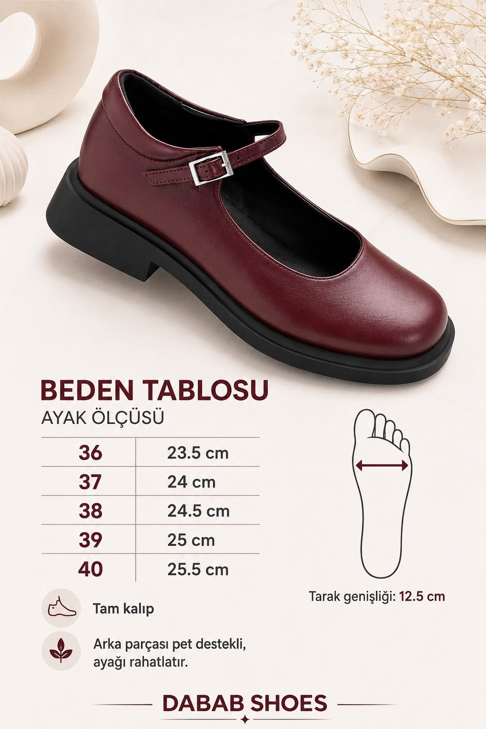 BERLIN Kadın Bordo Cilt Mary Jane Yuvarlak Burun 2 Cm Kalın Taban Tokalı  Babet Loafer Ayakkabı