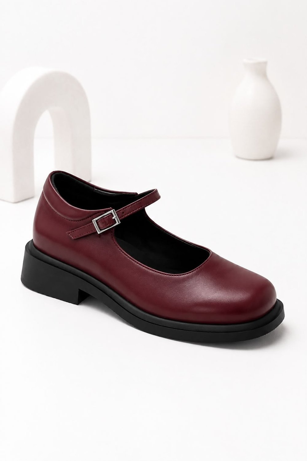 BERLIN Kadın Bordo Cilt Mary Jane Yuvarlak Burun 2 Cm Kalın Taban Tokalı  Babet Loafer Ayakkabı