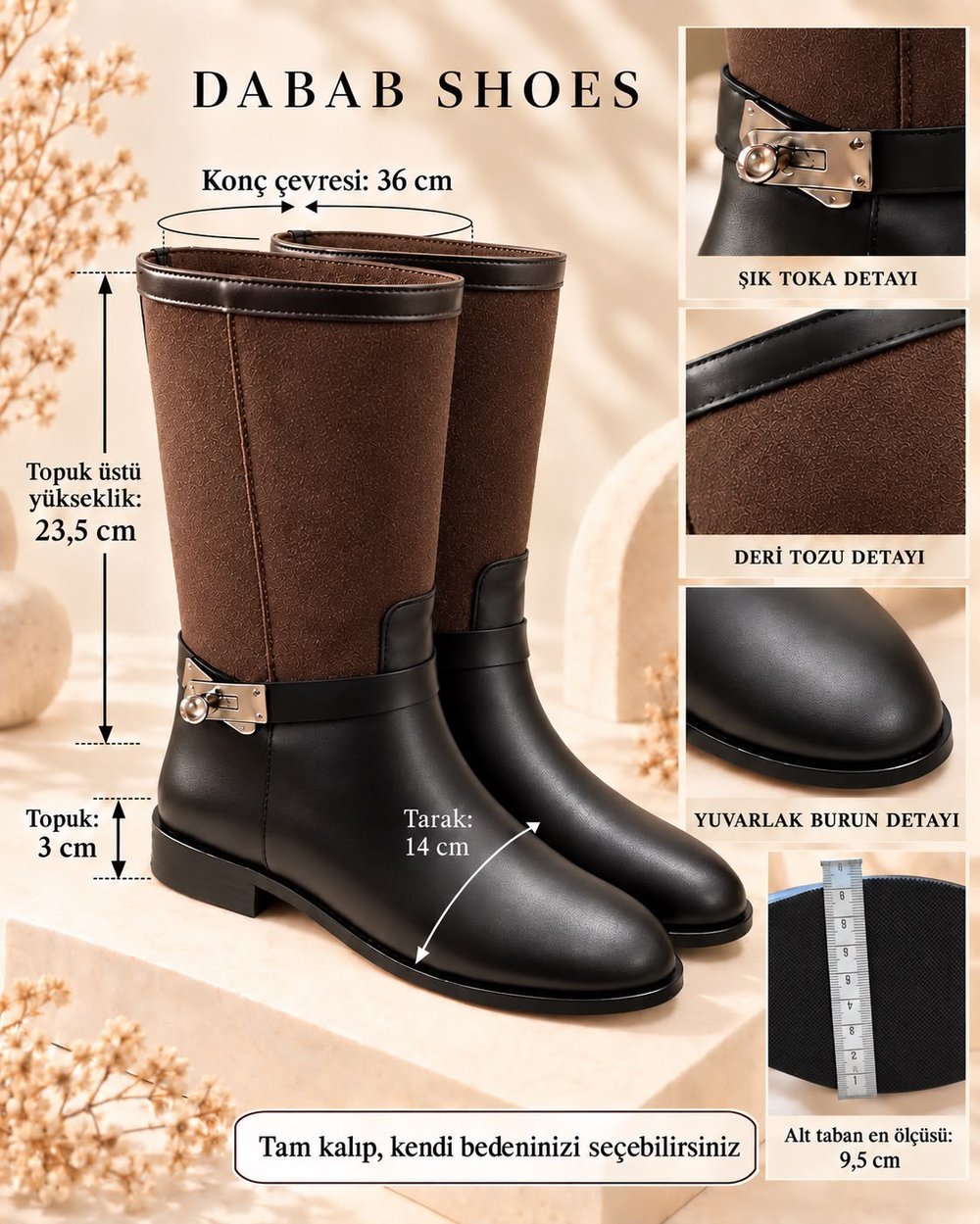FROST Kadın Acı Kahve Cilt ve Deri Tozu Garnili Metal Toka Detaylı Sıcak Astarlı Kaymaz Taban 3 Cm Topuklu Orta Konç Çizme