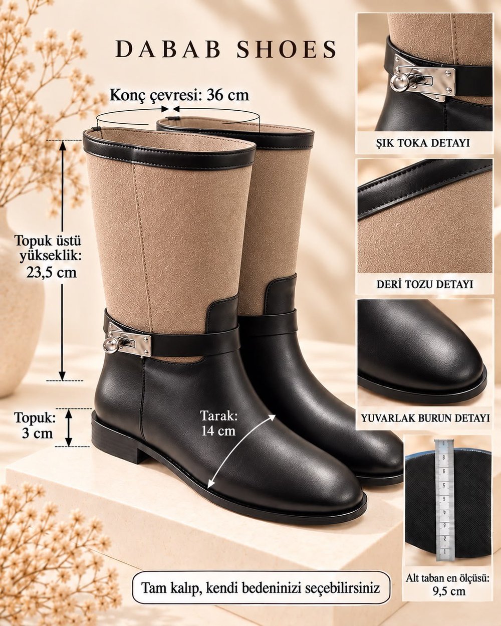 FROST Kadın Bej Cilt ve Deri Tozu Garnili Metal Toka Detaylı Sıcak Astarlı Kaymaz Taban 3 Cm Topuklu Orta Konç Çizme