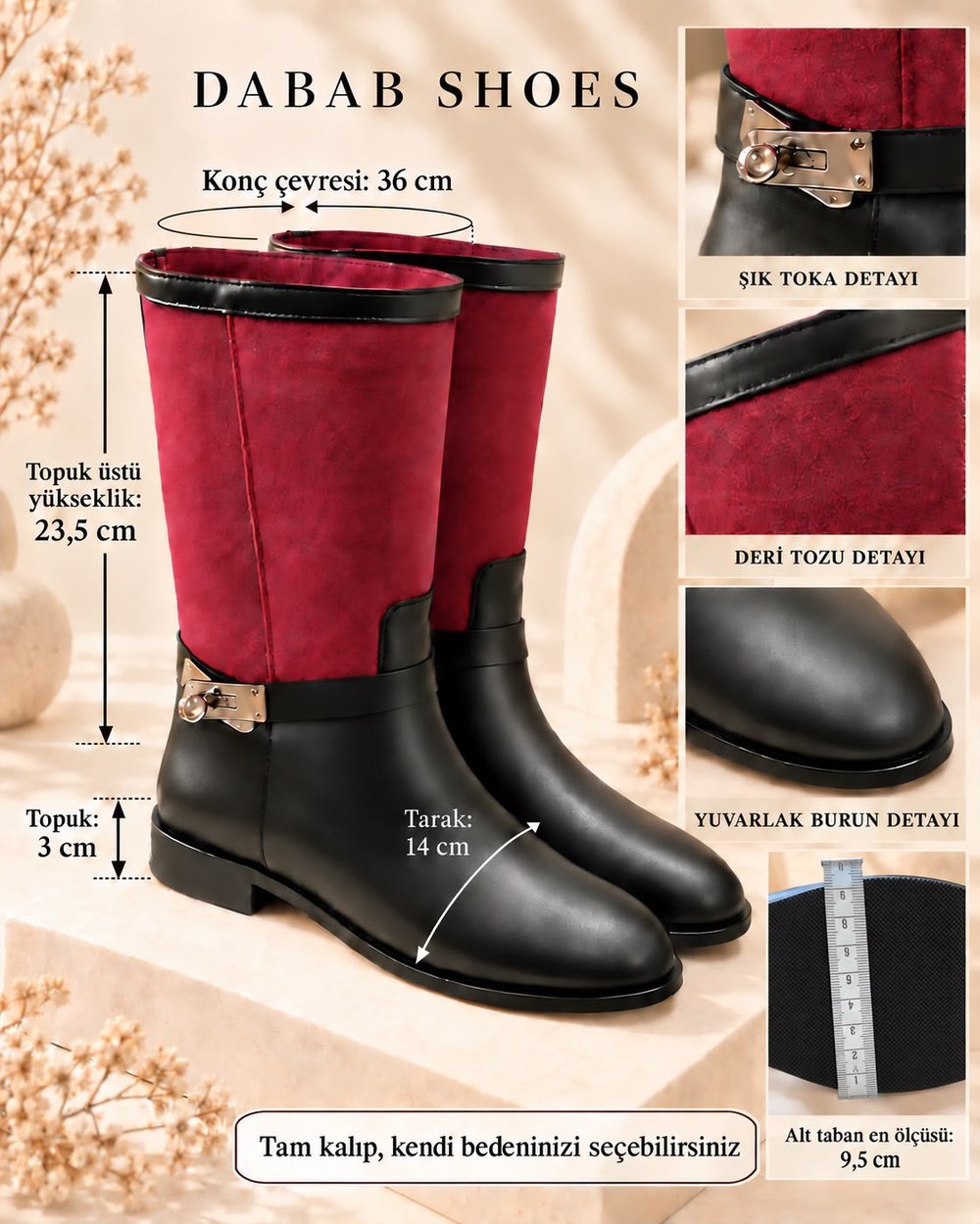 FROST Kadın Bordo Cilt ve Deri Tozu Garnili Metal Toka Detaylı Sıcak Astarlı Kaymaz Taban 3 Cm Topuklu Orta Konç Çizme