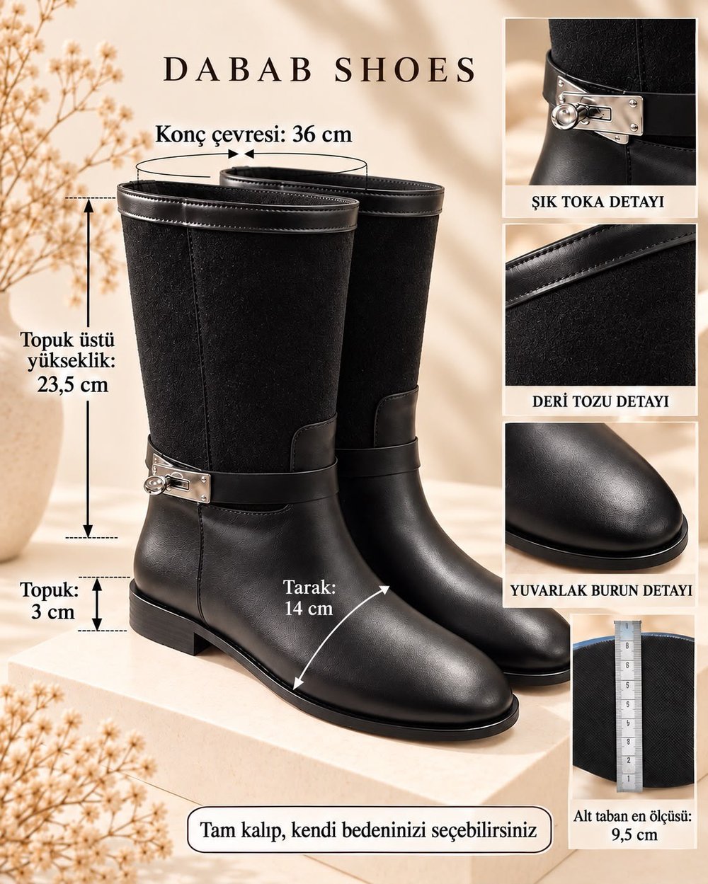 FROST Kadın Siyah Cilt ve Deri Tozu Garnili Metal Toka Detaylı Sıcak Astarlı Kaymaz Taban 3 Cm Topuklu Orta Konç Çizme