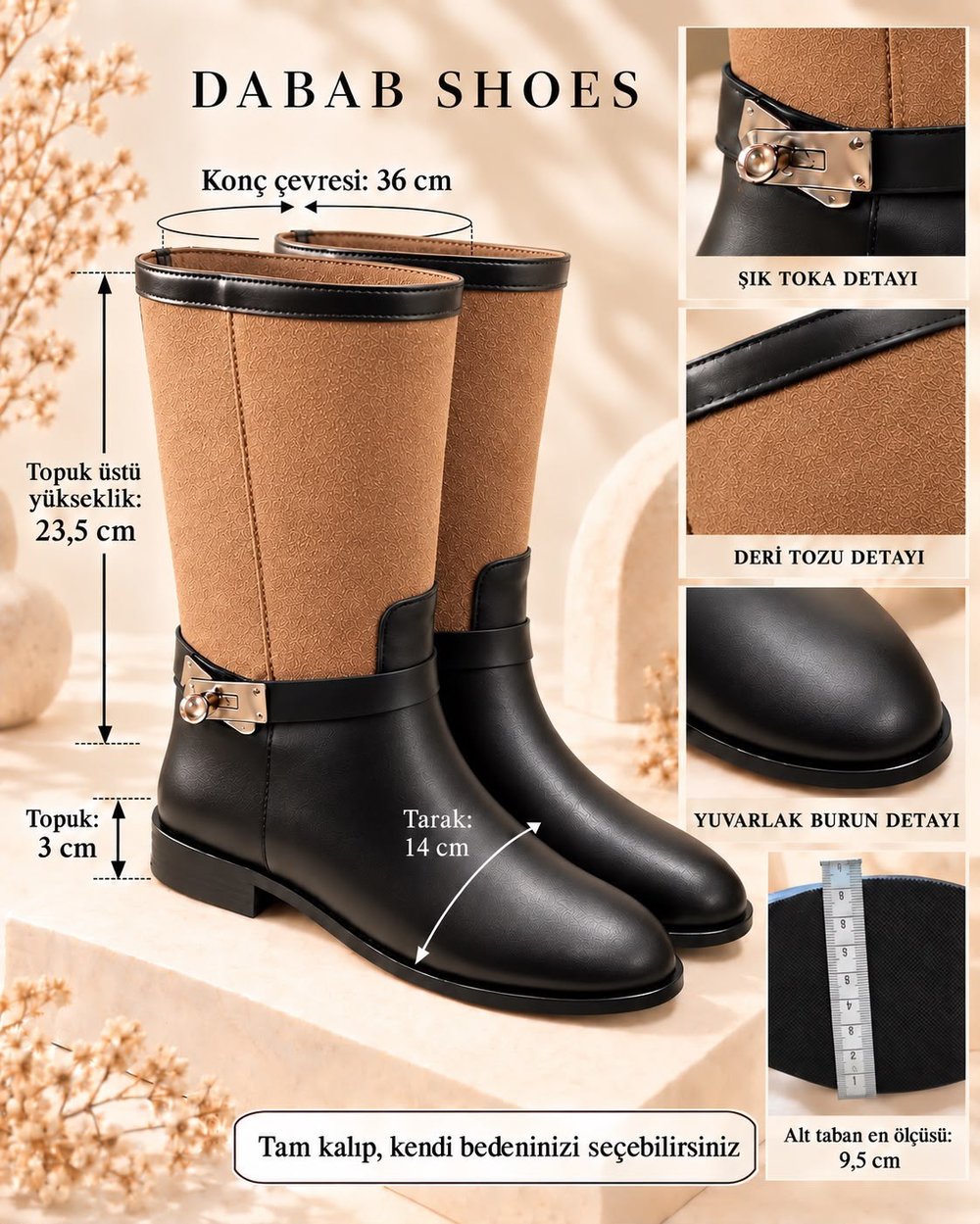 FROST Kadın Taba Cilt ve Deri Tozu Garnili Metal Toka Detaylı Sıcak Astarlı Kaymaz Taban 3 Cm Topuklu Orta Konç Çizme