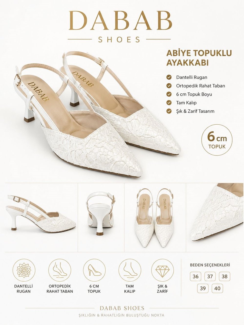 JULIE Kadın Beyaz Dantel Dokulu Sivri Burun 5 cm Topuklu Slingback Ayakkabı