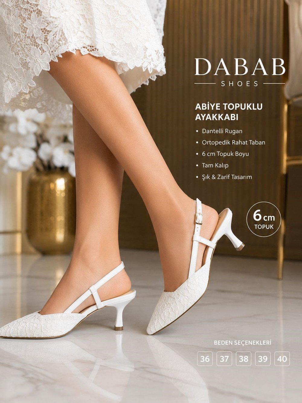 JULIE Kadın Beyaz Dantel Dokulu Sivri Burun 5 cm Topuklu Slingback Ayakkabı