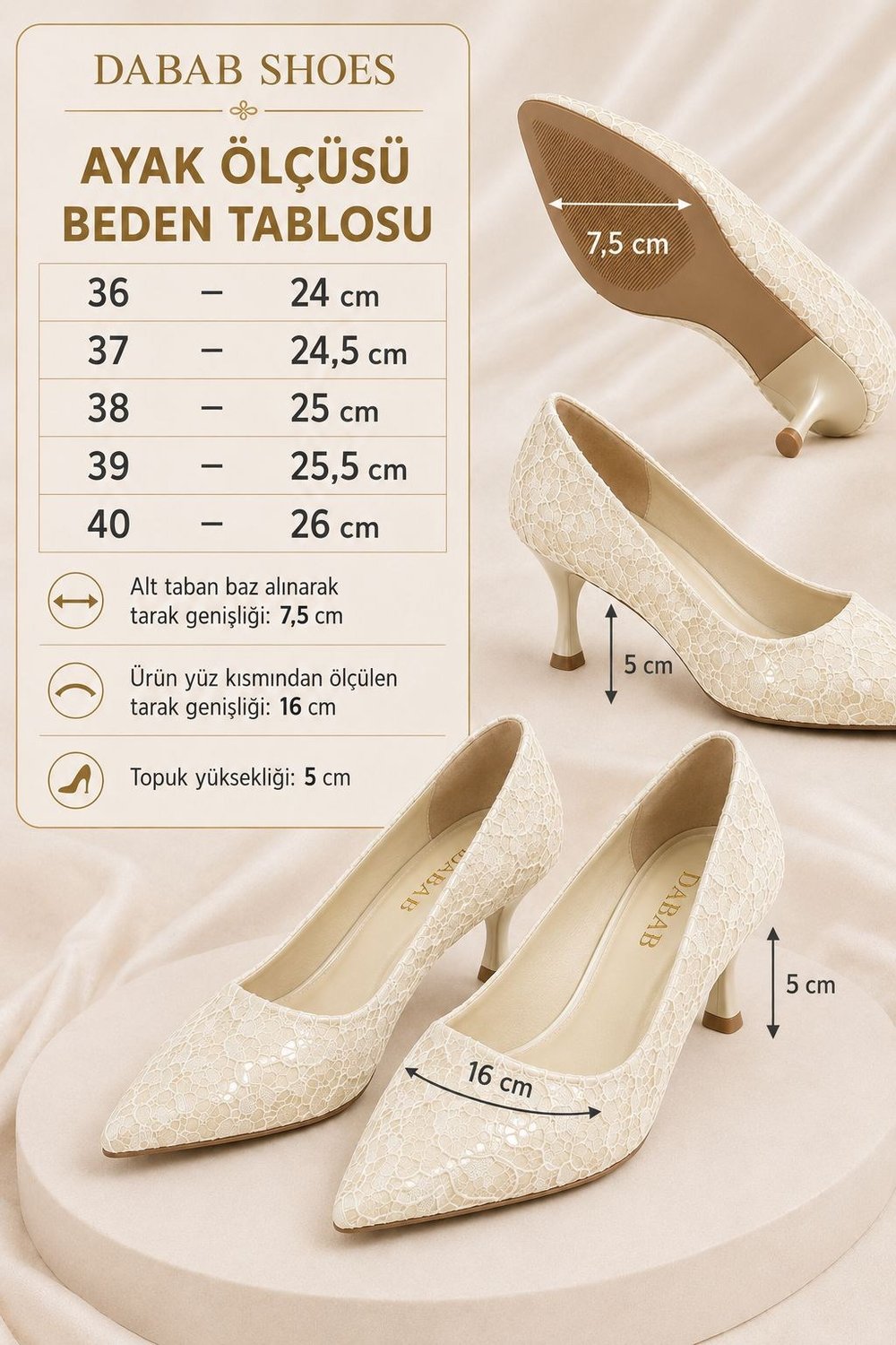 LEYLA Kadın Ekru Sivri Burun Dantel Desenli 5 Cm İnce Topuklu Stiletto Ayakkabı