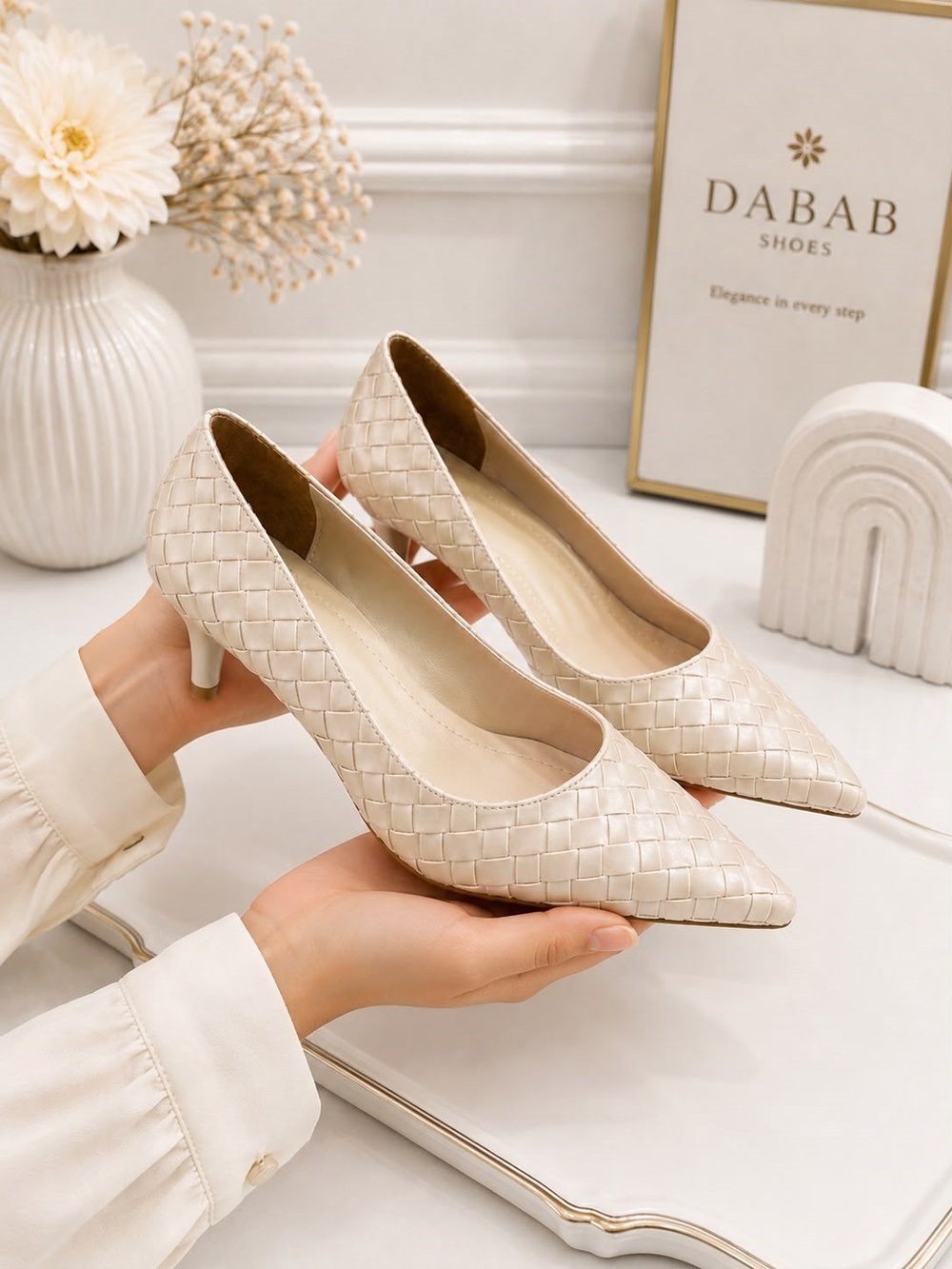 LILYA Kadın Bej Sivri Burun Örgü Desenli 6 Cm İnce Topuklu Stiletto Ayakkabı
