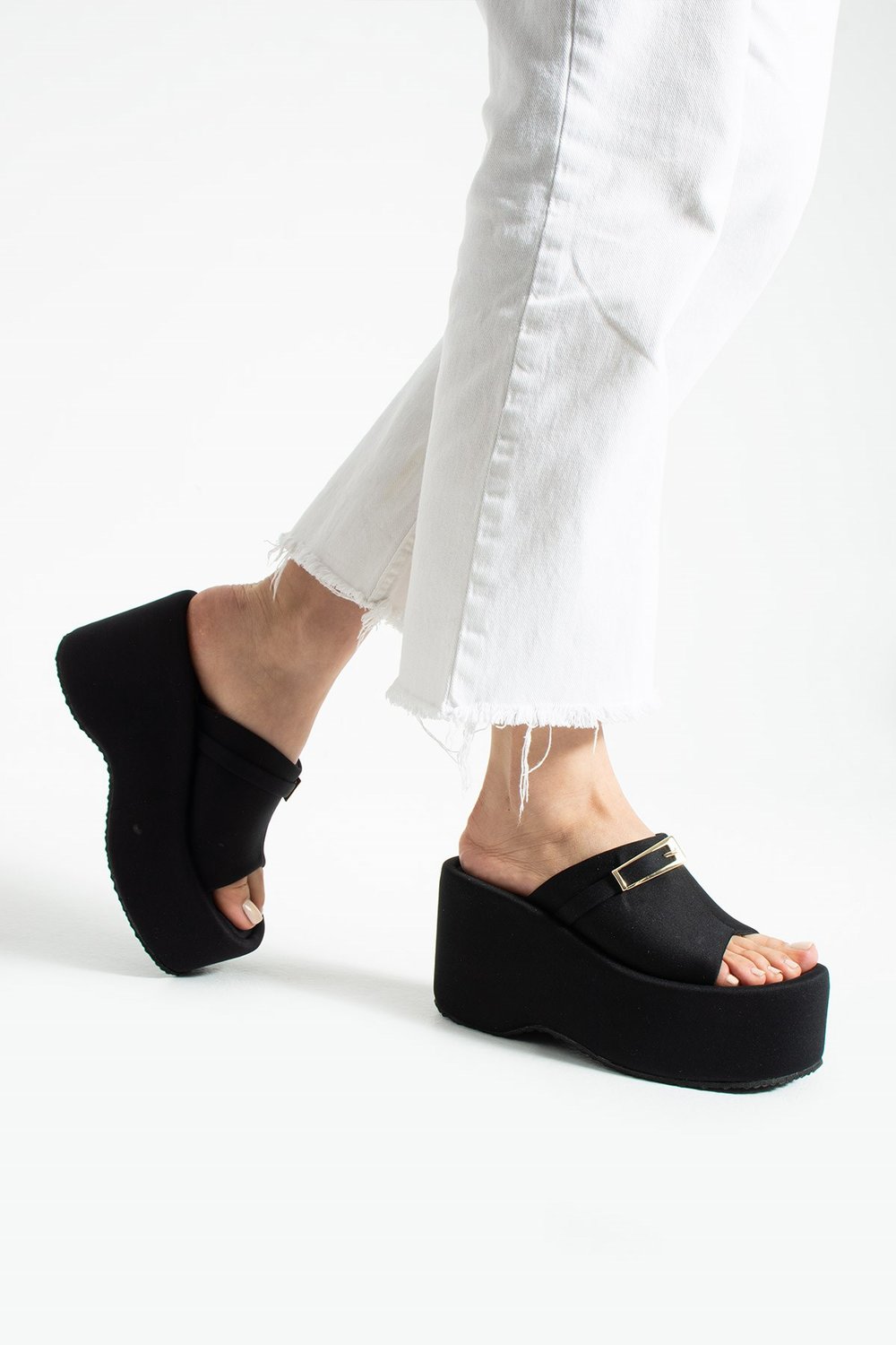 LUNARA Kadın 3lü Paket Tokalı 10 cm Platform Topuklu Kalın Taban Terlik Sandalet | Bej - Kahve - Sİyah