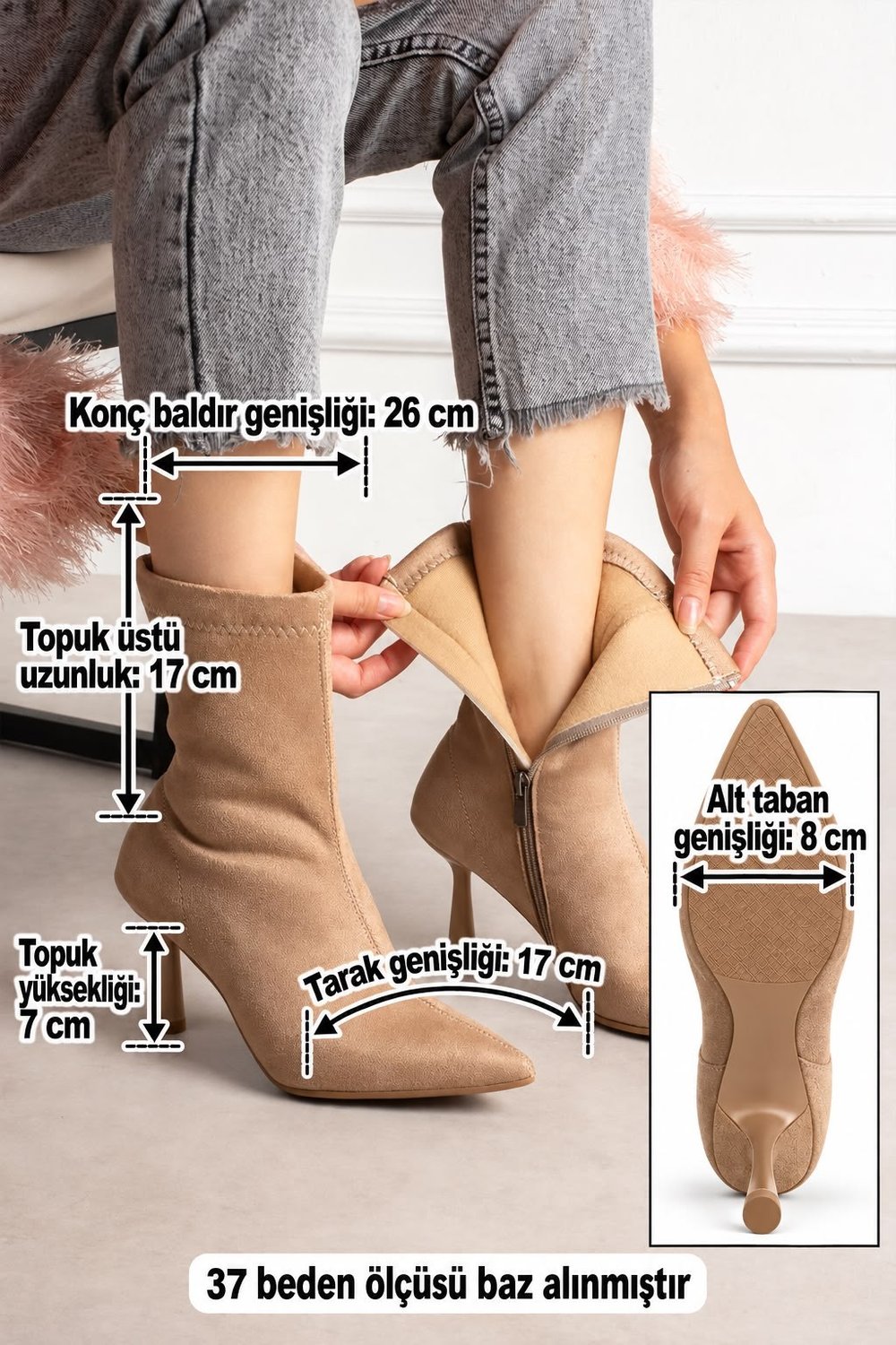 MARYA Kadın Vizon Streç Lüks Süet Sivri Burun Sıcak Astarlı Fermuarlı 7 Cm İnce Topuklu Bot Bootie