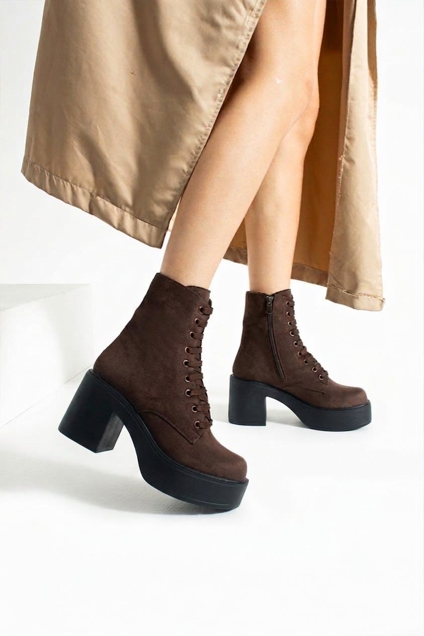 MELVIAN Kadın Acı Kahve Lüks Süet Bağcıklı Fermuarlı İçi Kürklü 8 Cm Kalın Topuklu 3 Cm Platform Bot Bootie