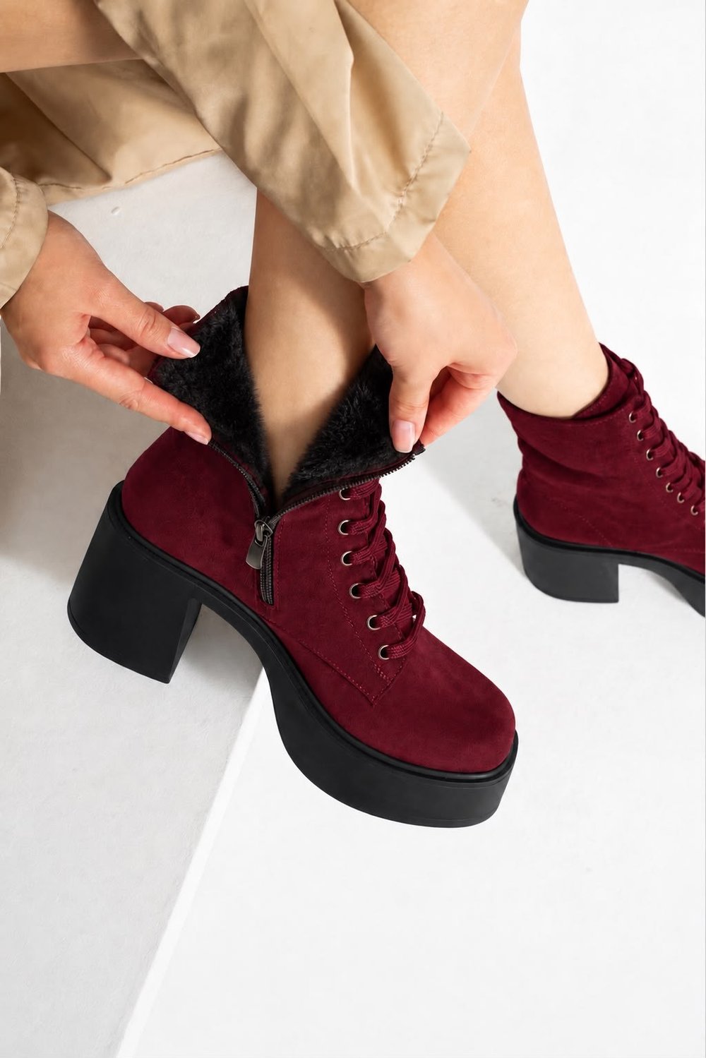 MELVIAN Kadın Bordo Lüks Süet Bağcıklı Fermuarlı İçi Kürklü 8 Cm Kalın Topuklu 3 Cm Platform Bot Bootie
