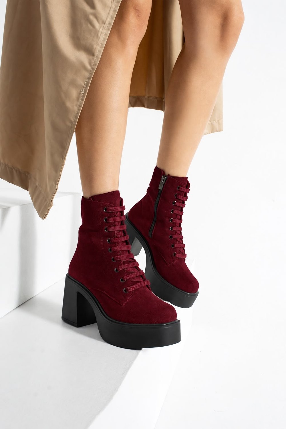 MELVIAN Kadın Bordo Lüks Süet Bağcıklı Fermuarlı İçi Kürklü 8 Cm Kalın Topuklu 3 Cm Platform Bot Bootie