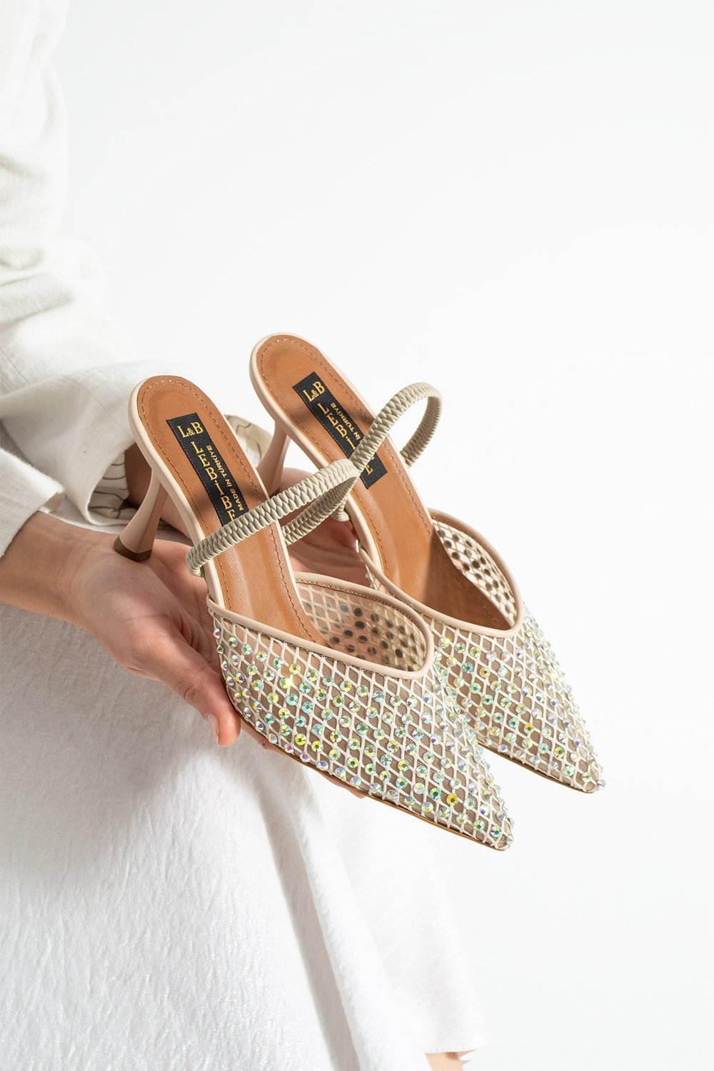 MINA Kadın Bej File Taşlı 7 cm Topuklu Slingback Sivri Burun Abiye Ayakkabı