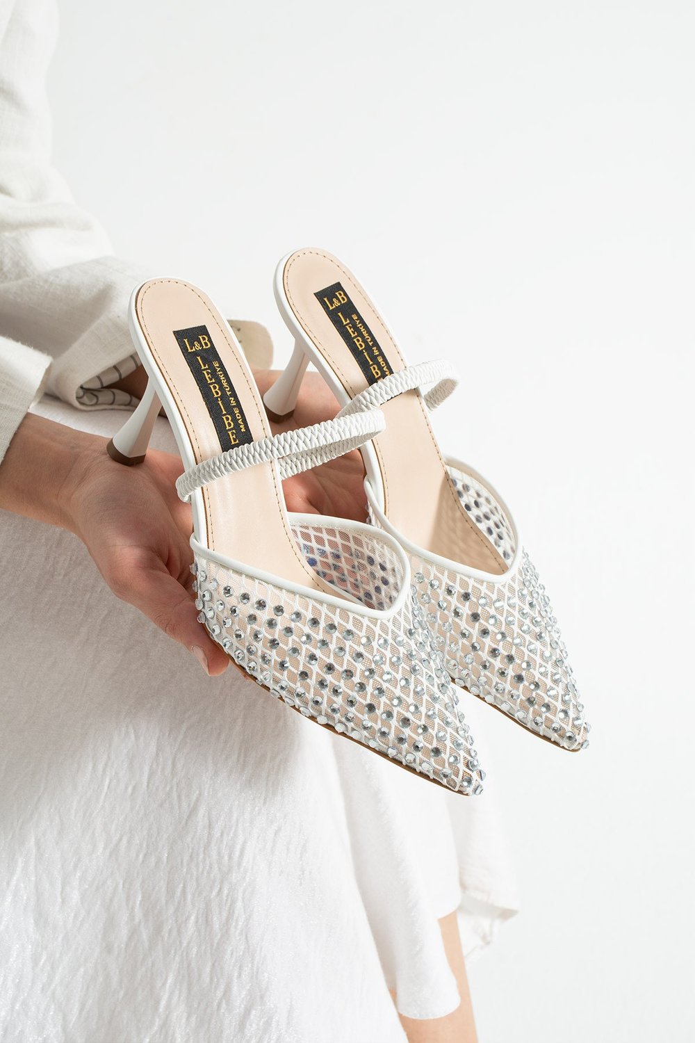MINA Kadın Beyaz File Taşlı 7 cm Topuklu Slingback Sivri Burun Abiye Ayakkabı