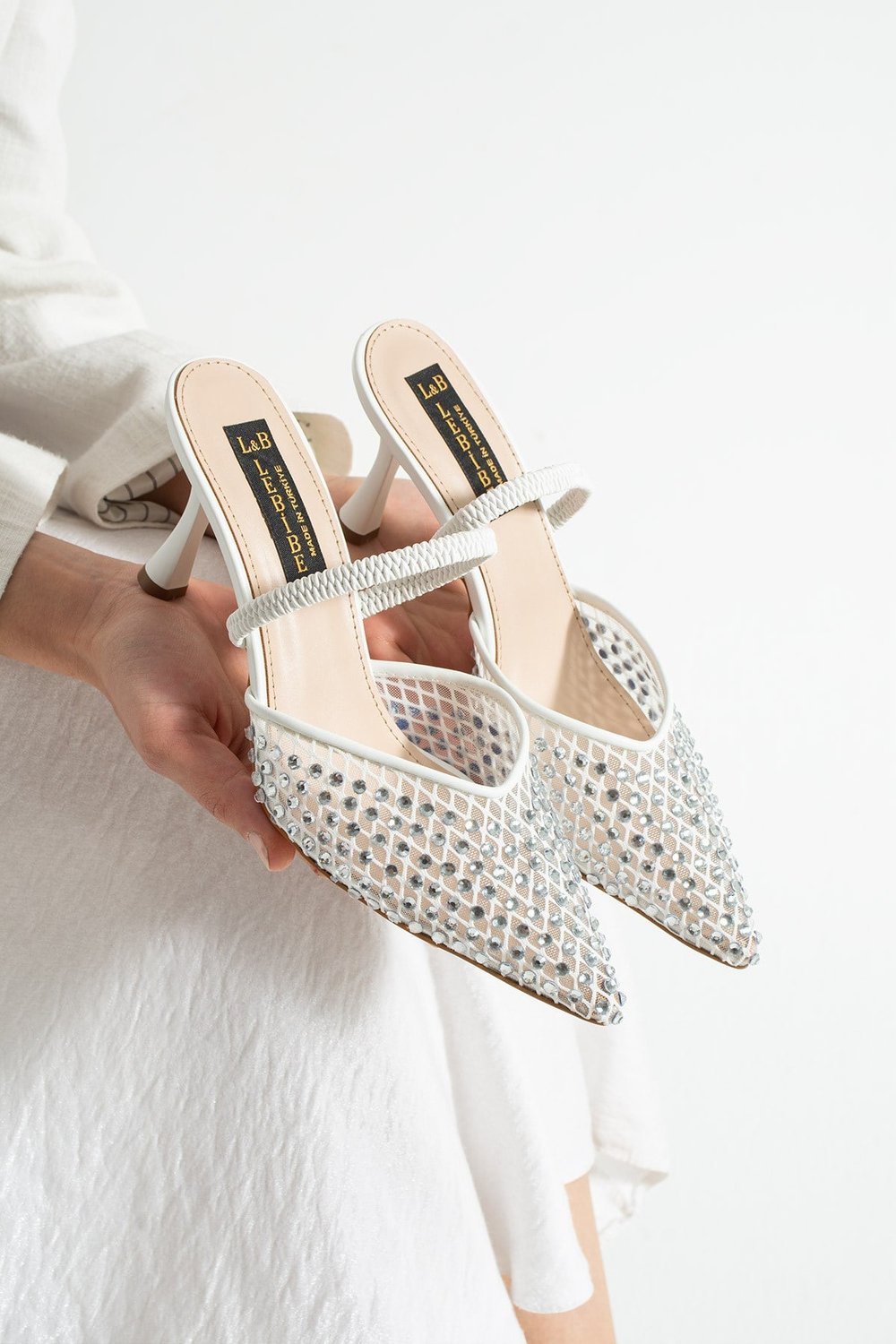MINA Kadın Beyaz File Taşlı 7 cm Topuklu Slingback Sivri Burun Abiye Ayakkabı