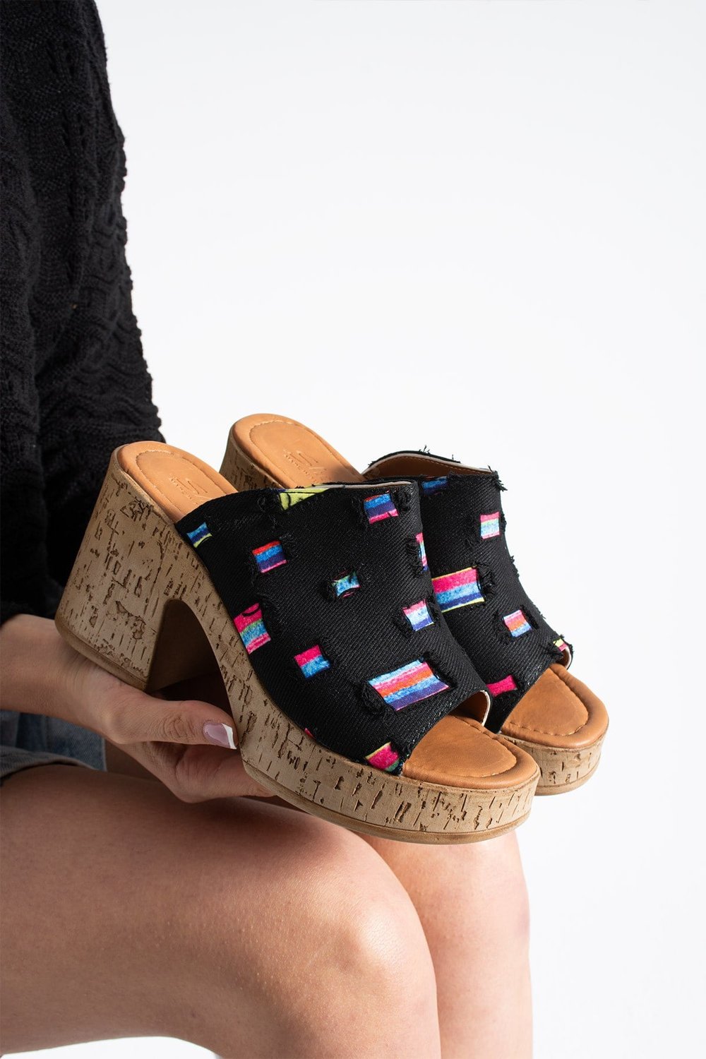 NALERA Kadın Siyah Platform Taban 9 cm Kalın Topuklu Denim Terlik Sandalet