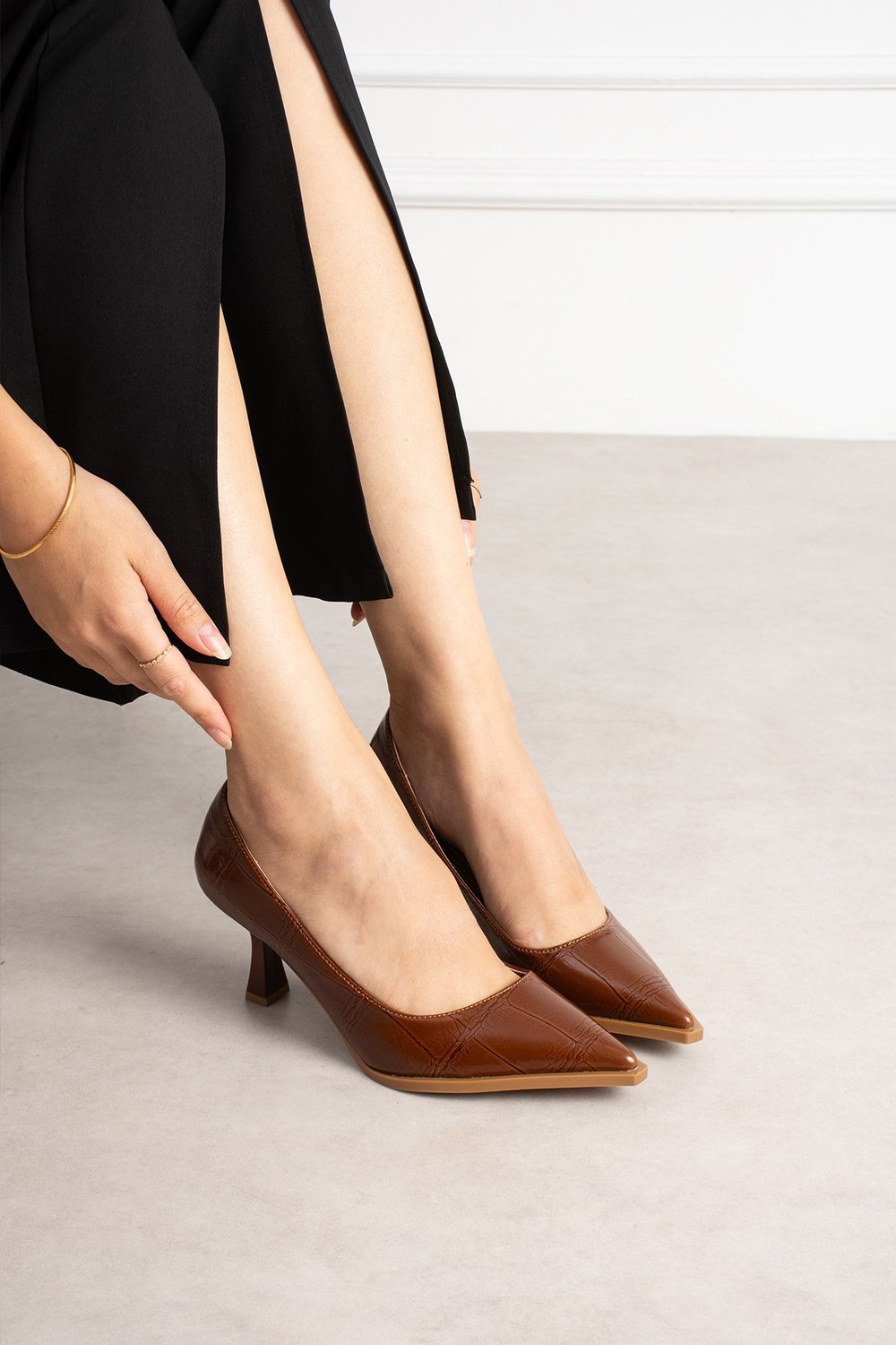 NILAY Kadın Taba Kroko Rugan Sivri Burun 7 Cm İnce Topuklu Stiletto Ayakkabı  