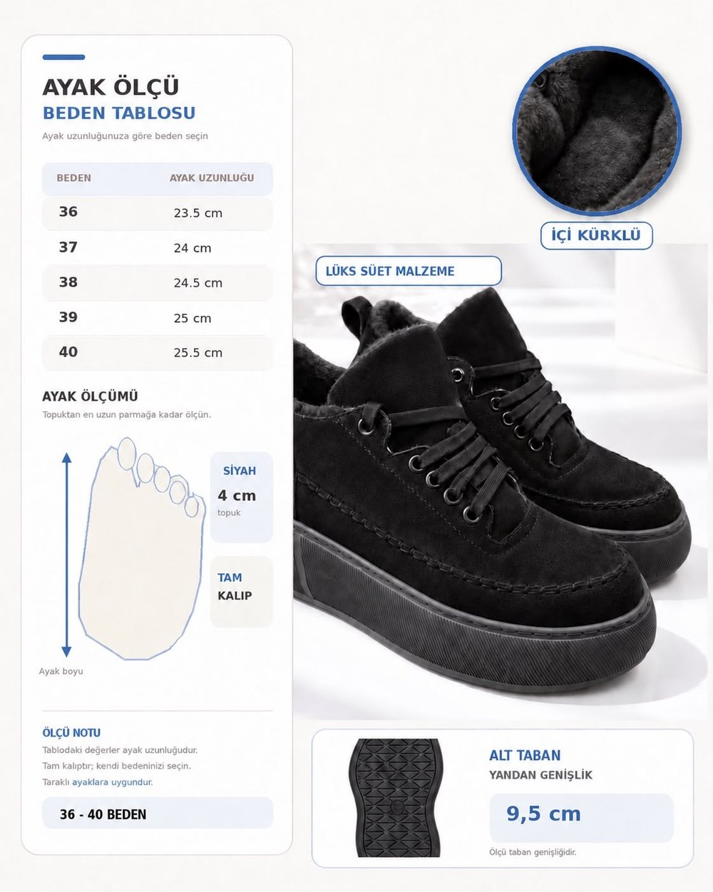 NOLEN Kadın Siyah Bağcıklı Lüks Süet İçi Kürklü 4 Cm Kalın Taban Sneaker Spor Ayakkabı