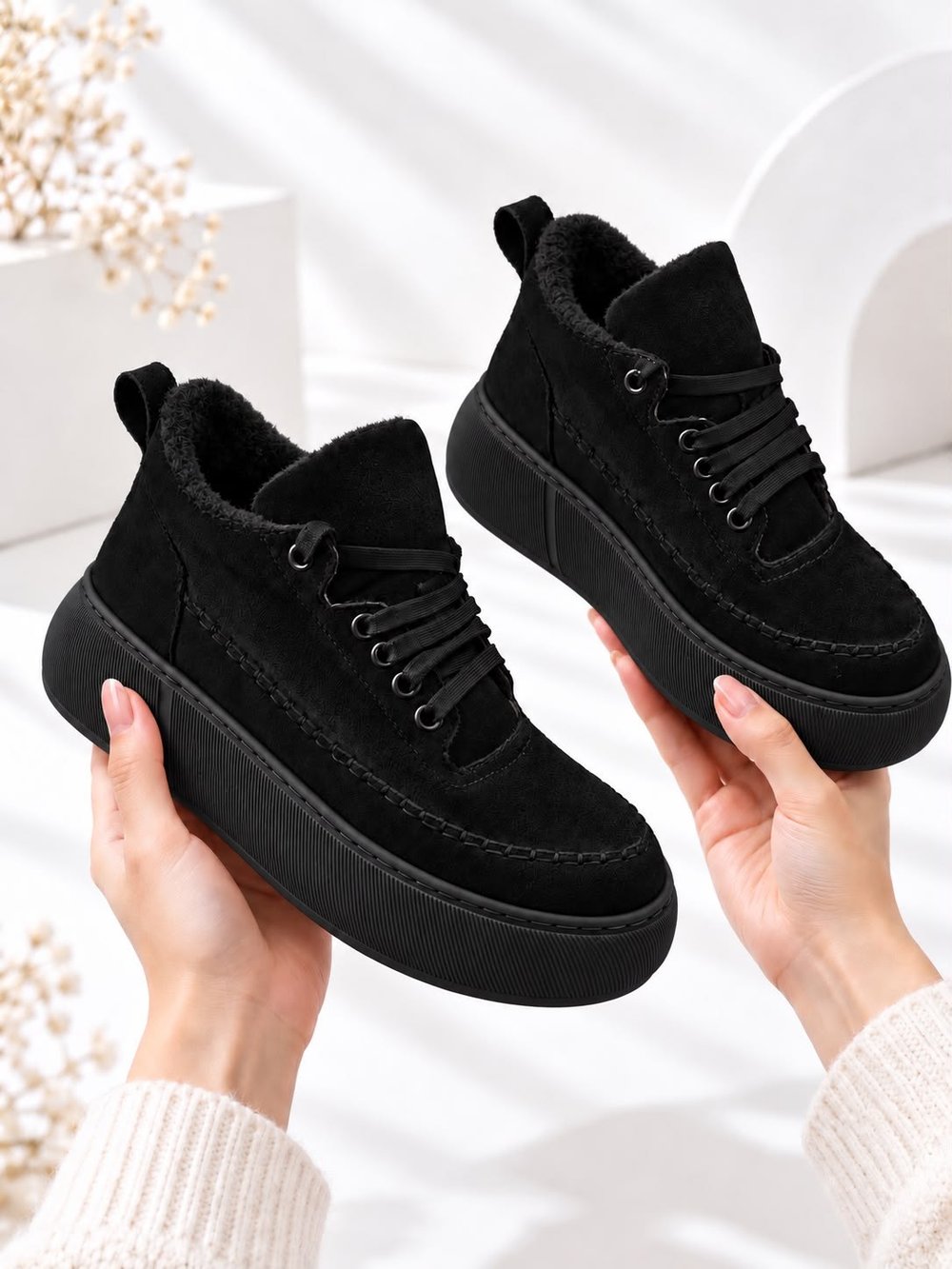 NOLEN Kadın Siyah Bağcıklı Lüks Süet İçi Kürklü 4 Cm Kalın Taban Sneaker Spor Ayakkabı