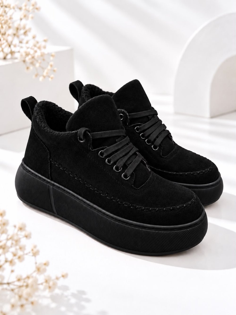 NOLEN Kadın Siyah Bağcıklı Lüks Süet İçi Kürklü 4 Cm Kalın Taban Sneaker Spor Ayakkabı