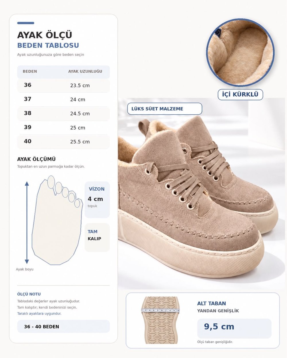NOLEN Kadın Vizon Bağcıklı Lüks Süet İçi Kürklü 4 Cm Kalın Taban Sneaker Spor Ayakkabı