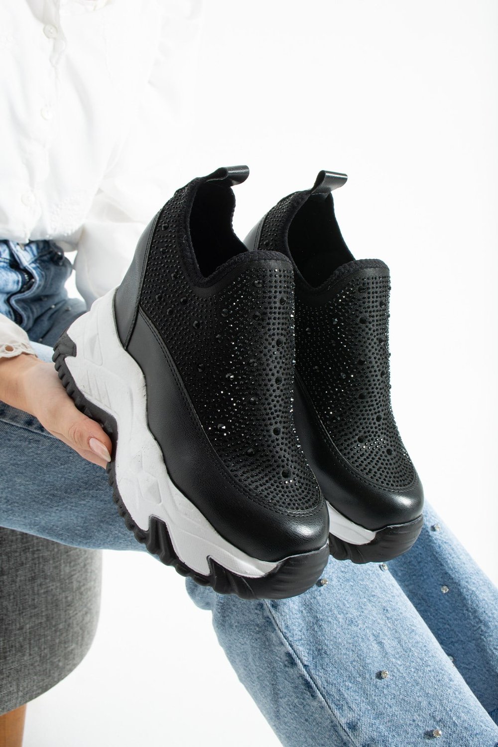 OLIVIA Siyah Taş Detaylı 10 cm Gizli Topuk Platform Slip-On Sneaker Ayakkabı