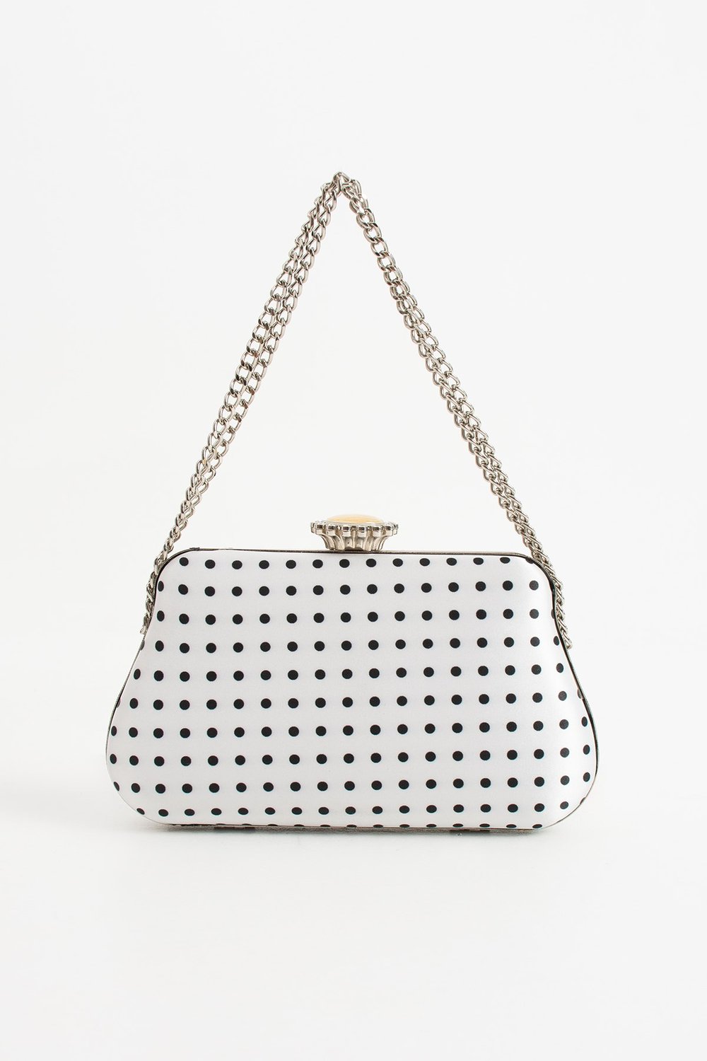 POLKIA Beyaz Saten Kumaş Puantiye Desenli Zincir Askılı Klips Kapamalı Clutch Çanta