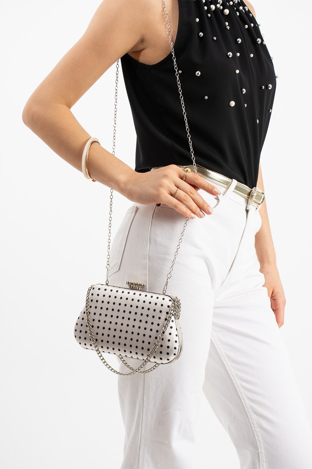 POLKIA Ekru Saten Kumaş Puantiye Desenli Zincir Askılı Klips Kapamalı Clutch Çanta