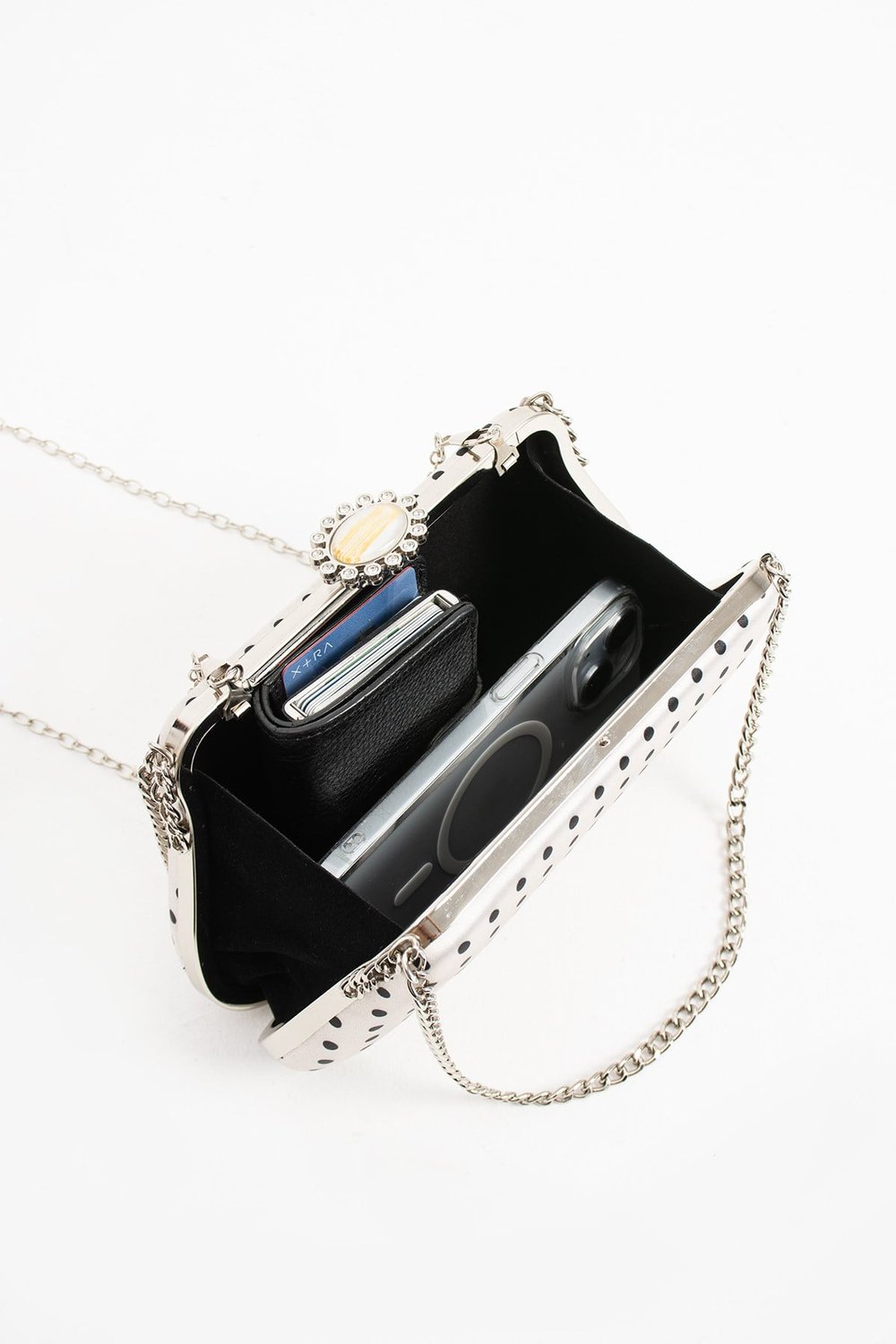 POLKIA Ekru Saten Kumaş Puantiye Desenli Zincir Askılı Klips Kapamalı Clutch Çanta