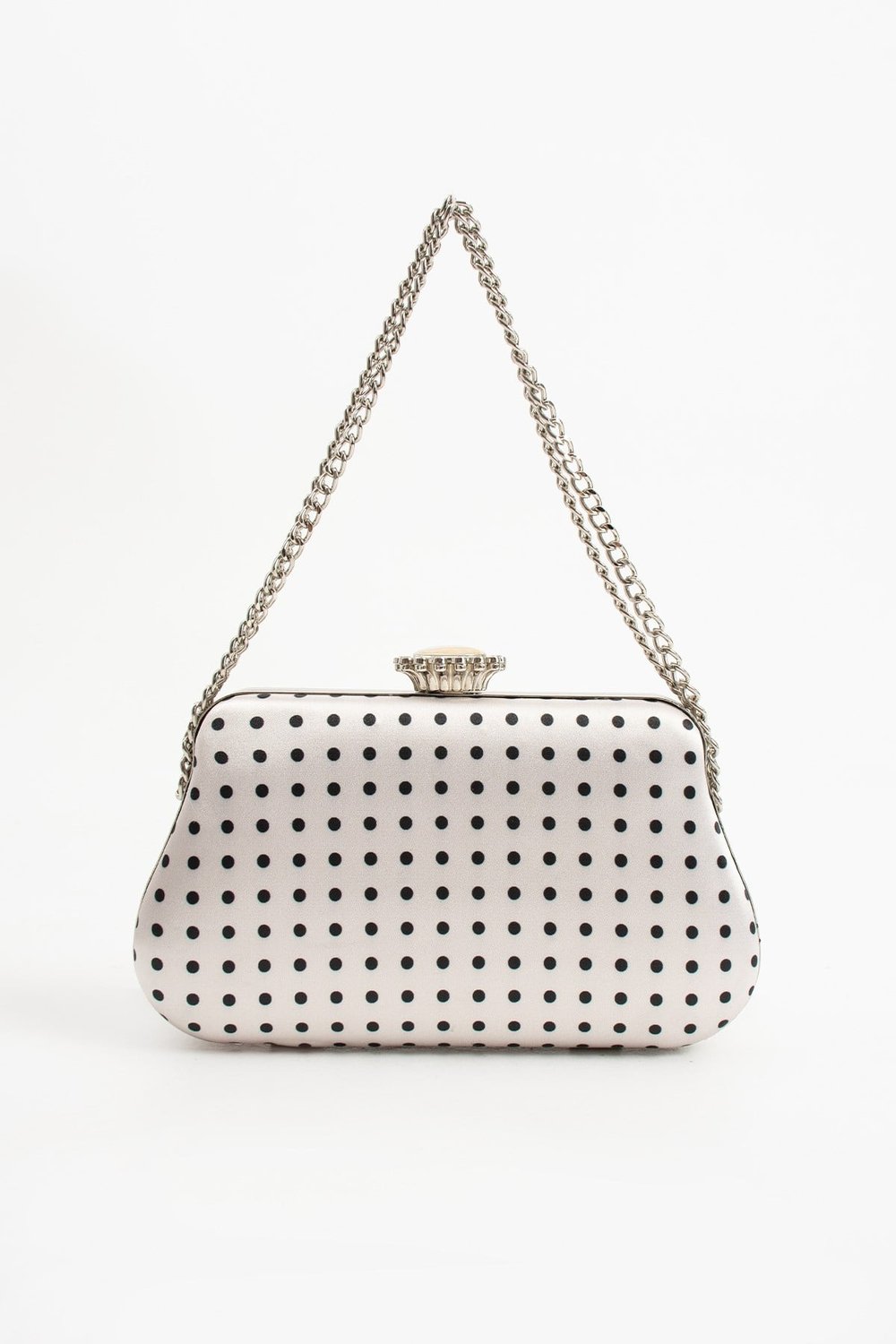POLKIA Ekru Saten Kumaş Puantiye Desenli Zincir Askılı Klips Kapamalı Clutch Çanta