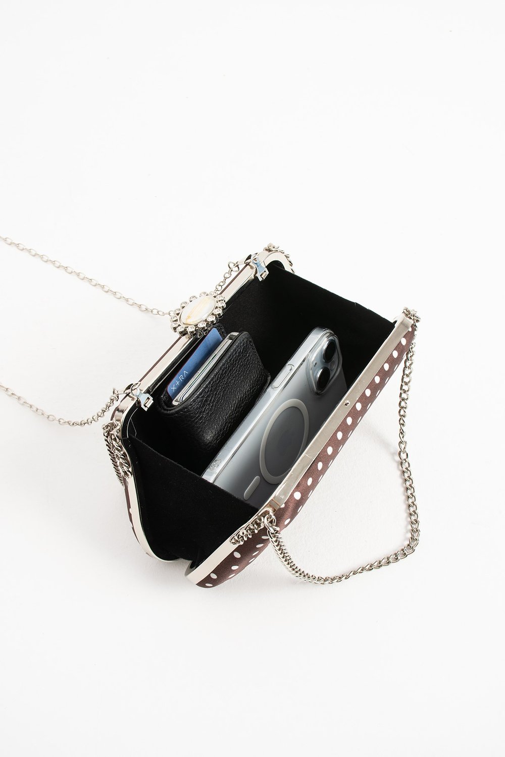 POLKIA Kahverengi Saten Kumaş Puantiye Desenli Zincir Askılı Klips Kapamalı Clutch Çanta
