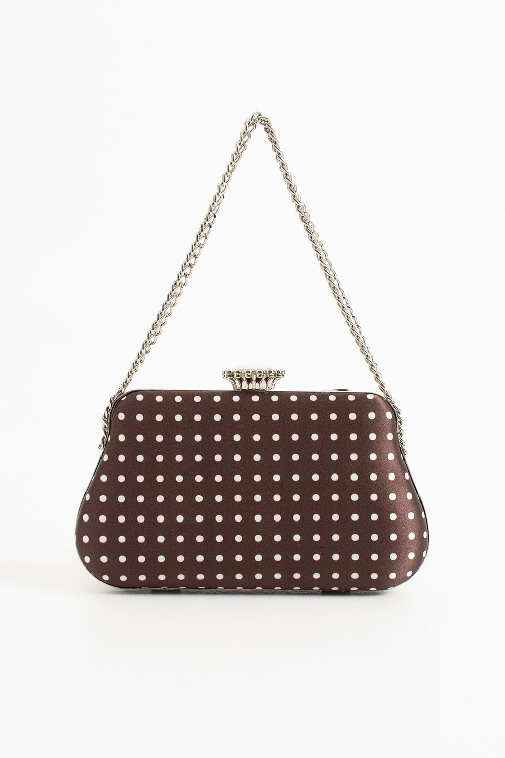 POLKIA Kahverengi Saten Kumaş Puantiye Desenli Zincir Askılı Klips Kapamalı Clutch Çanta