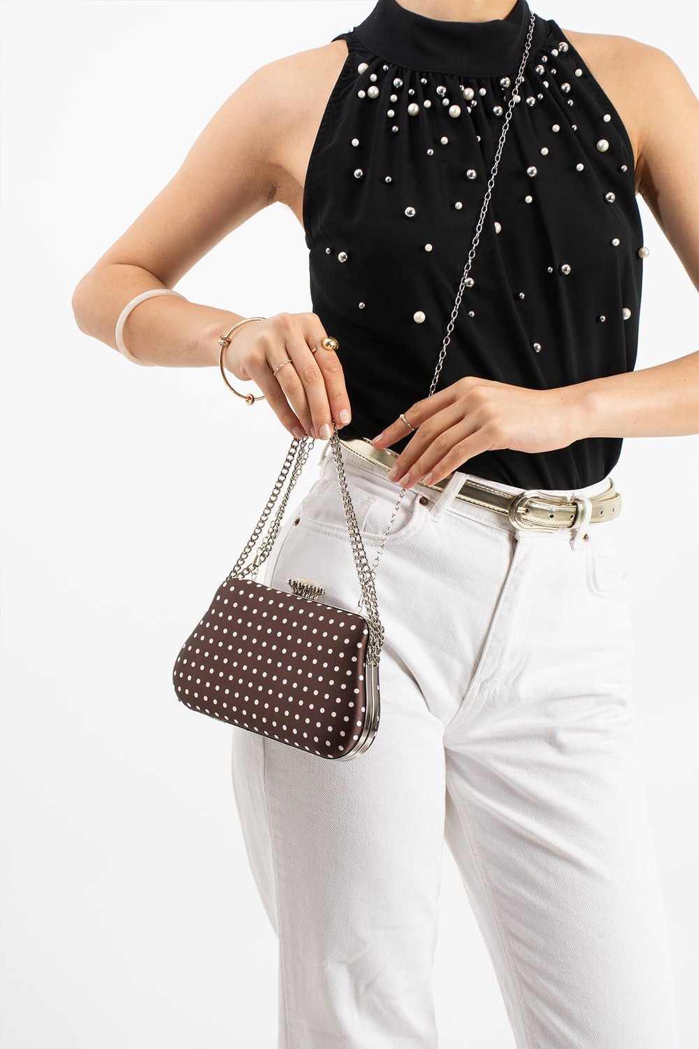 POLKIA Kahverengi Saten Kumaş Puantiye Desenli Zincir Askılı Klips Kapamalı Clutch Çanta