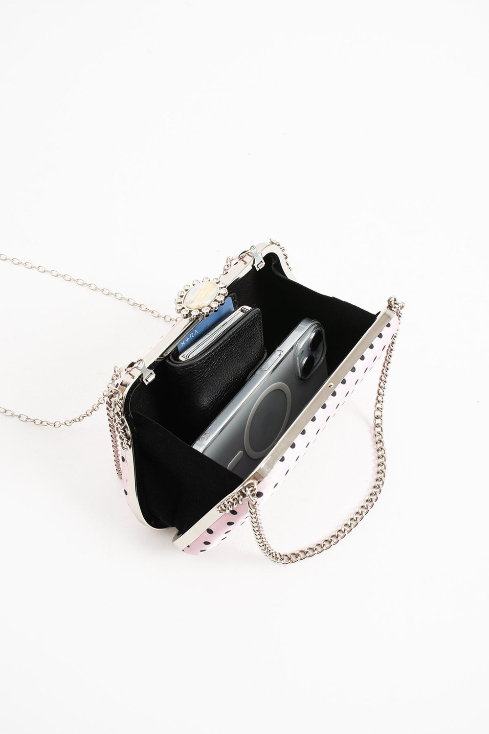 POLKIA Pembe Saten Kumaş Puantiye Desenli Zincir Askılı Klips Kapamalı Clutch Çanta
