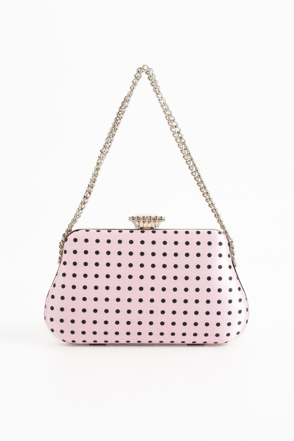 POLKIA Pembe Saten Kumaş Puantiye Desenli Zincir Askılı Klips Kapamalı Clutch Çanta