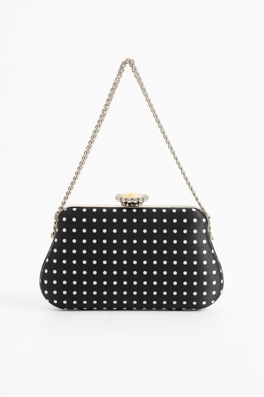 POLKIA Siyah Saten Kumaş Puantiye Desenli Zincir Askılı Klips Kapamalı Clutch Çanta
