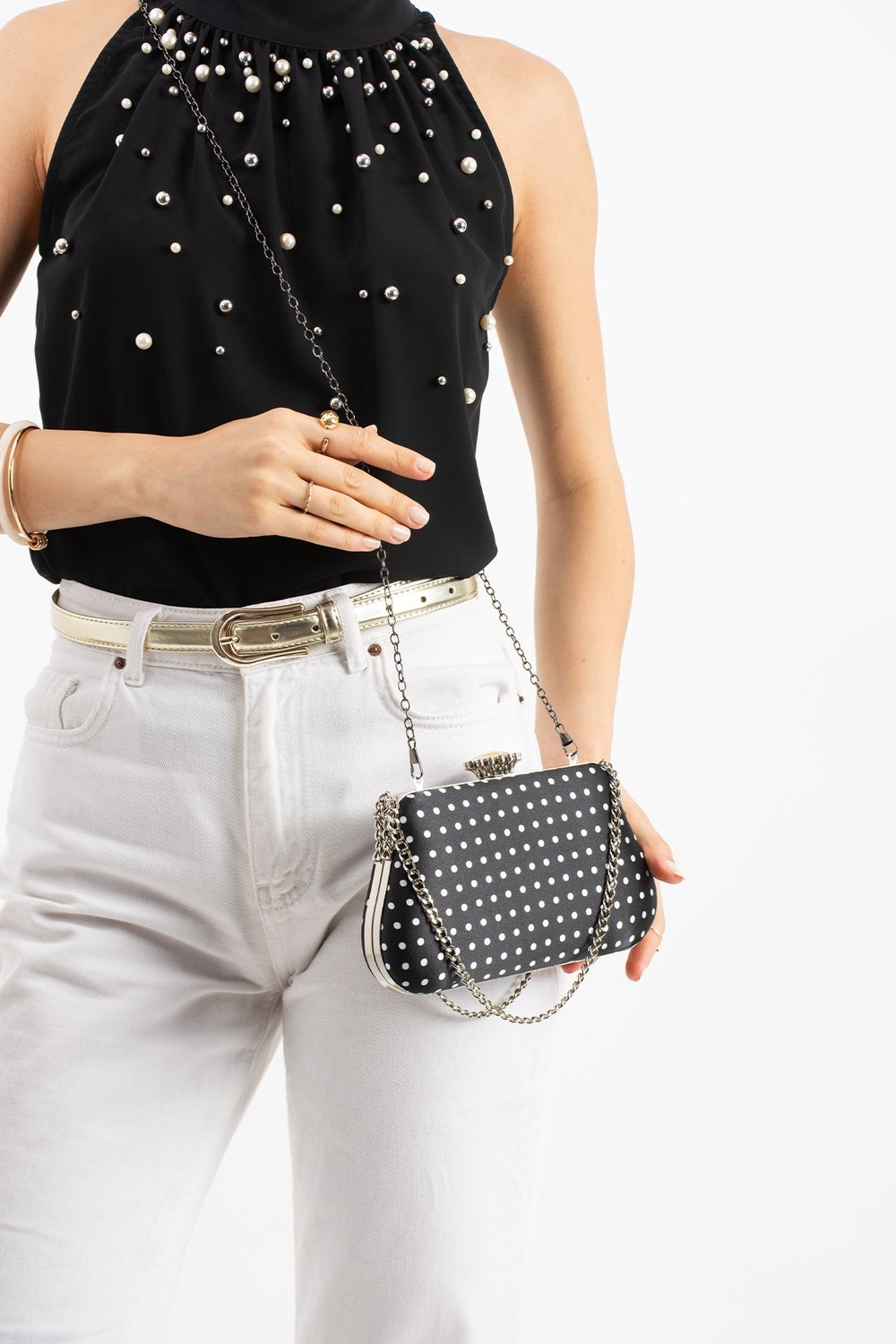 POLKIA Siyah Saten Kumaş Puantiye Desenli Zincir Askılı Klips Kapamalı Clutch Çanta