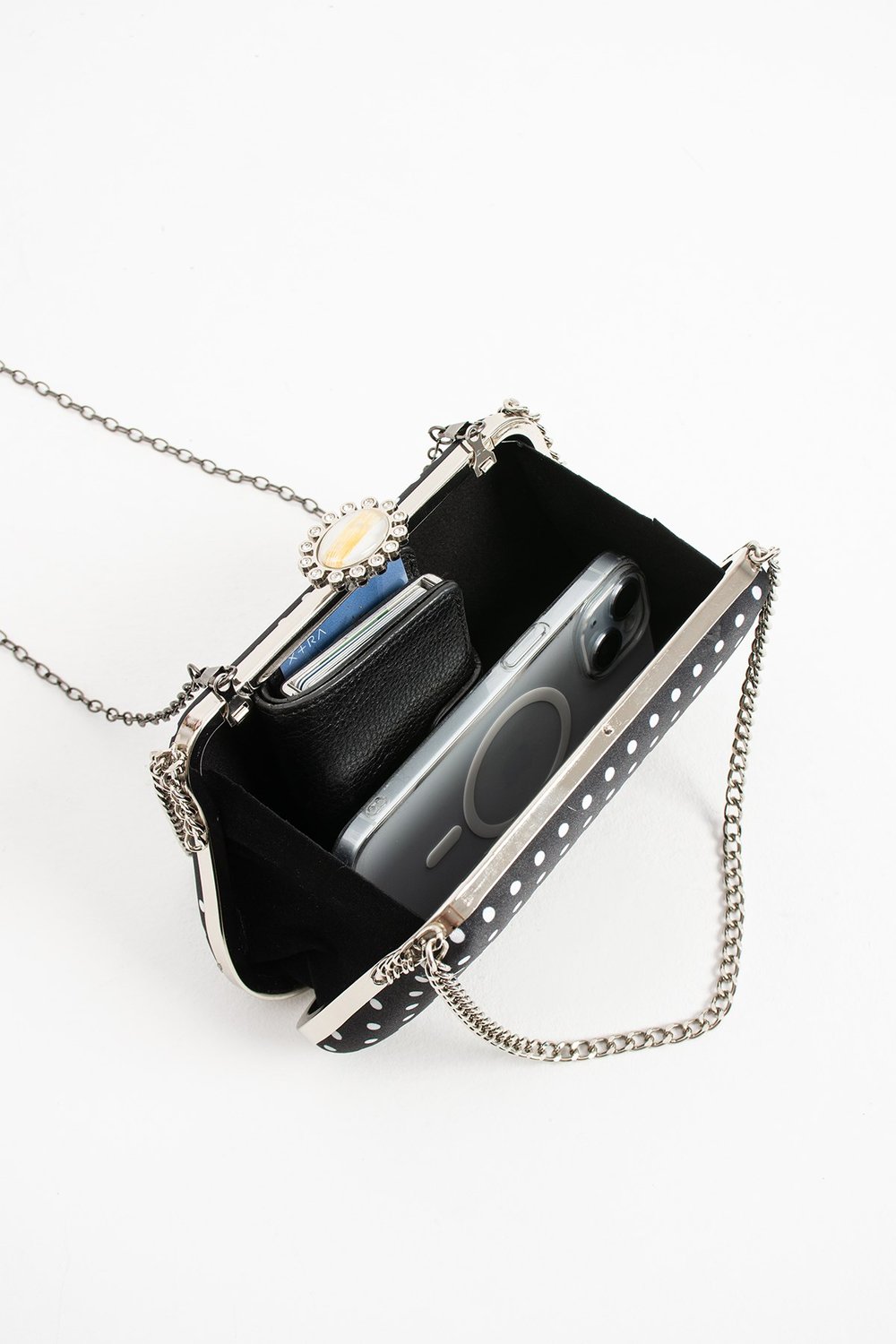 POLKIA Siyah Saten Kumaş Puantiye Desenli Zincir Askılı Klips Kapamalı Clutch Çanta