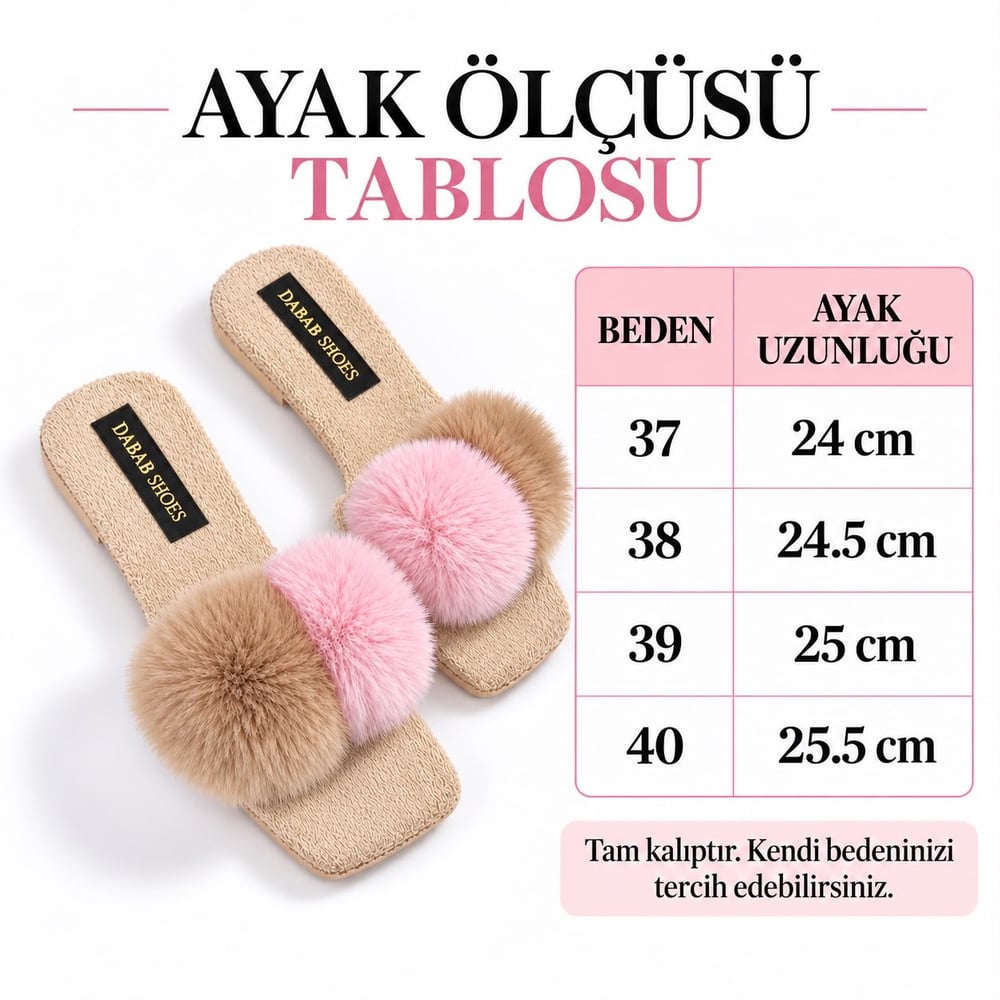 POMELLA Kadın Bej Çift Ponponlu Peluş Bantlı Kaymaz Tabanlı Önü Açık Ev Terliği