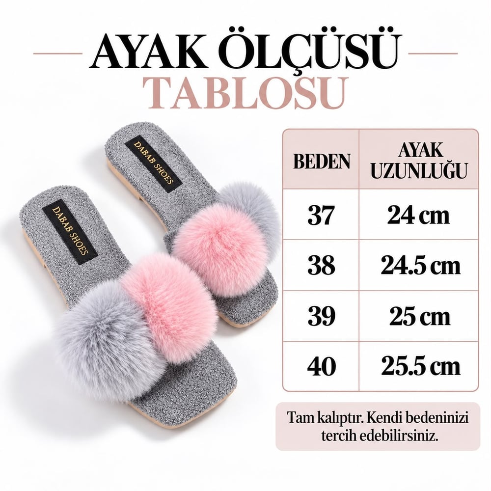 POMELLA Kadın Gri Çift Ponponlu Peluş Bantlı Kaymaz Tabanlı Önü Açık Ev Terliği