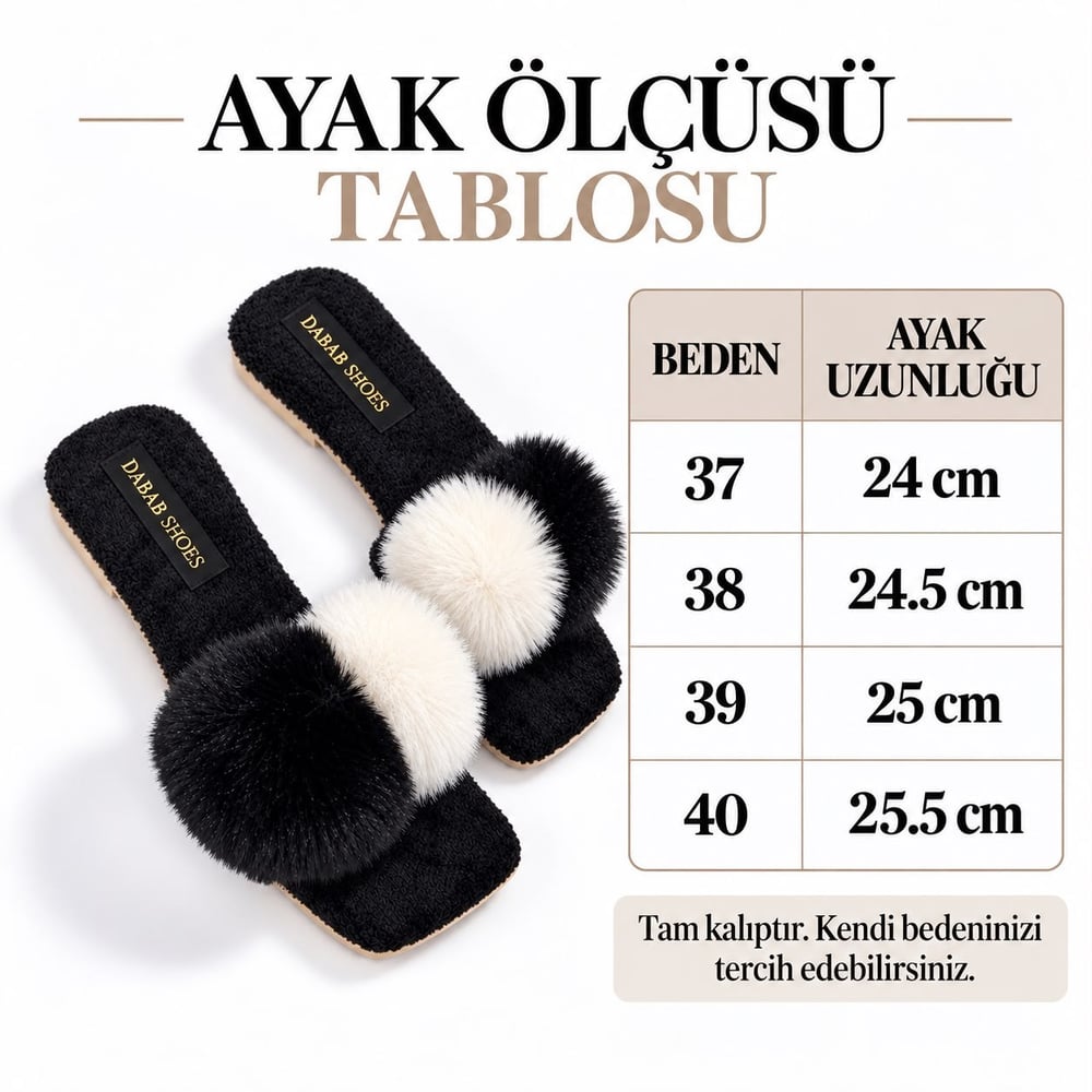 POMELLA Kadın Siyah Çift Ponponlu Peluş Bantlı Kaymaz Tabanlı Önü Açık Ev Terliği