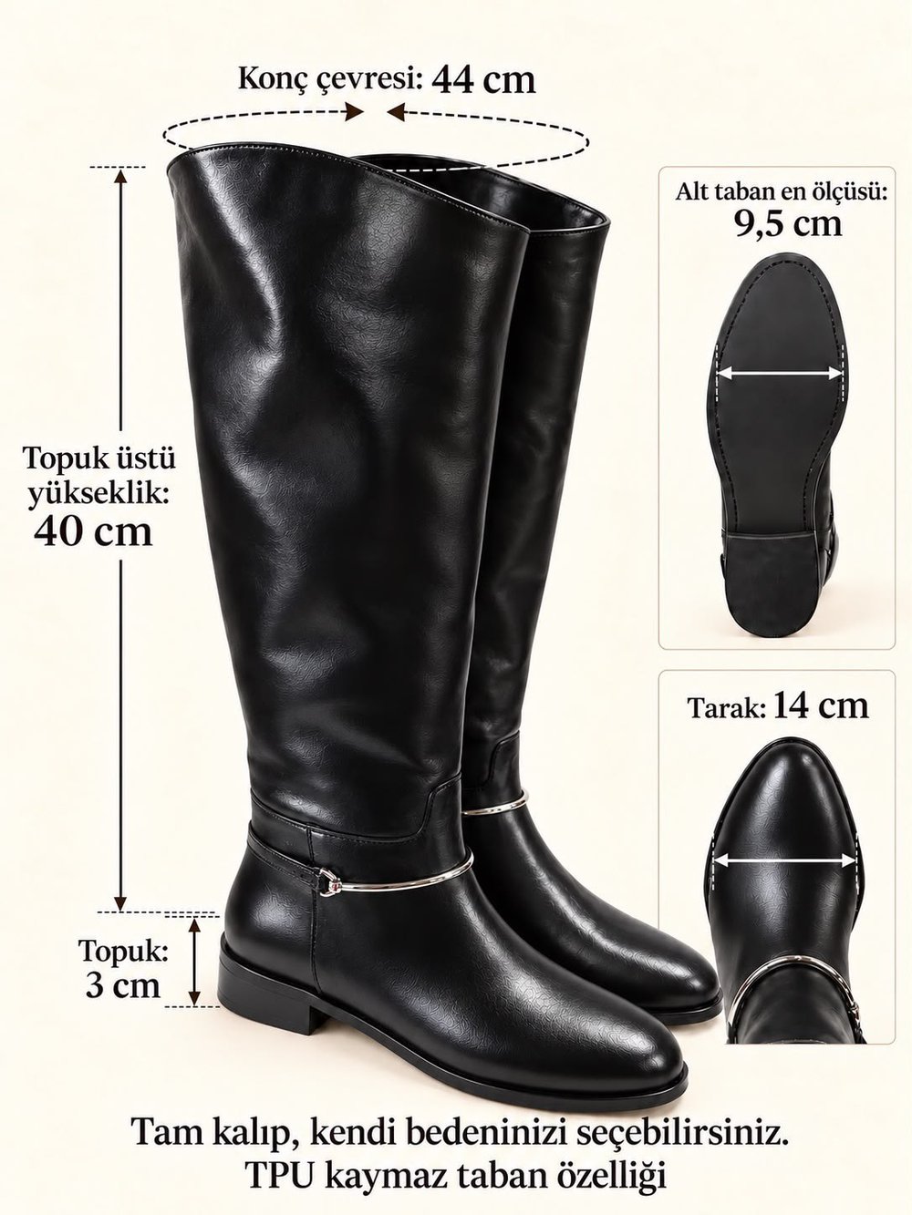 RUSTLE Kadın Siyah Kırışık Rugan Metal Halka Detaylı Sıcak Astarlı Kaymaz Taban 3 Cm Topuklu Uzun Konç Çizme