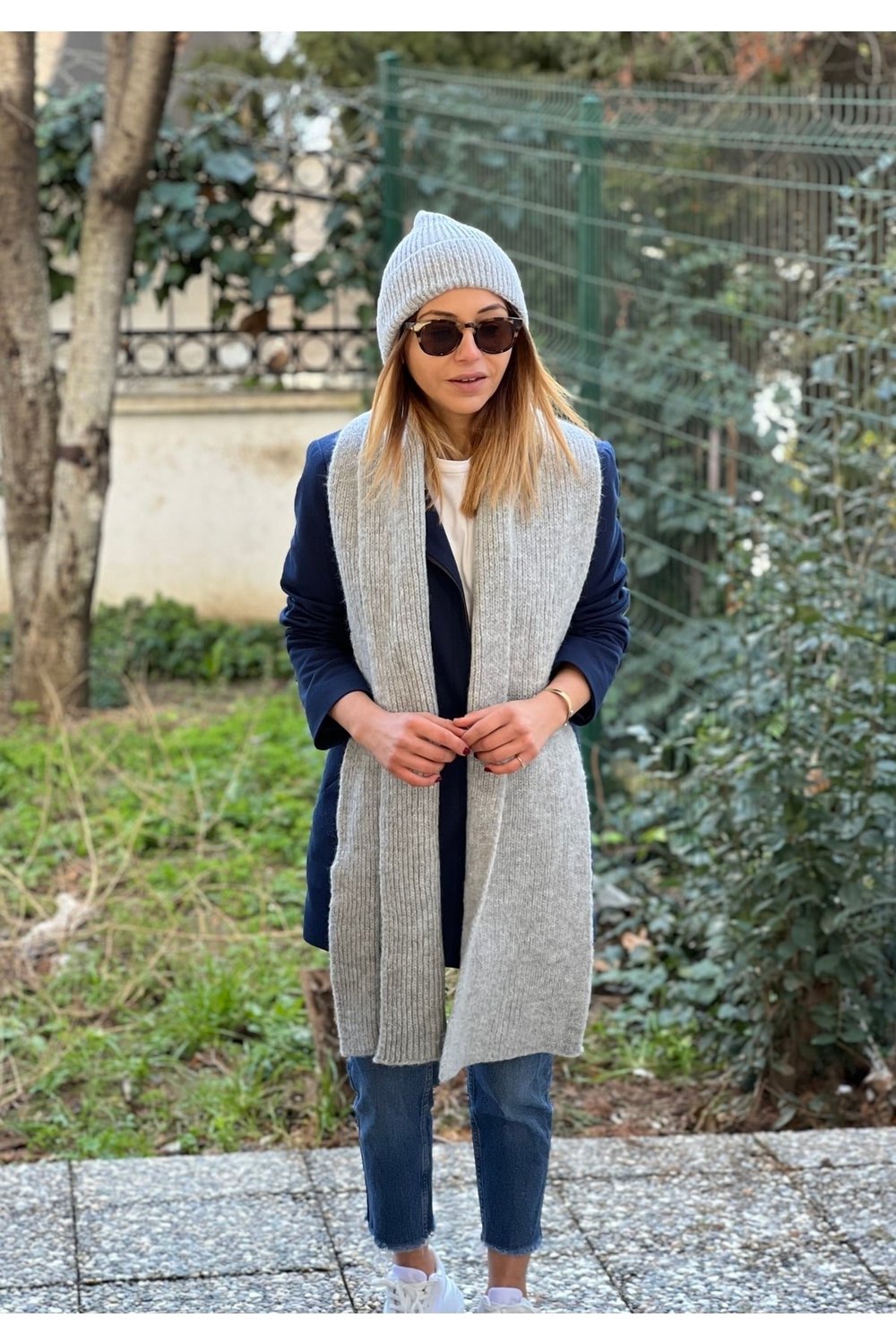 Gri Atkı Bere Yün Triko Ikili Takım