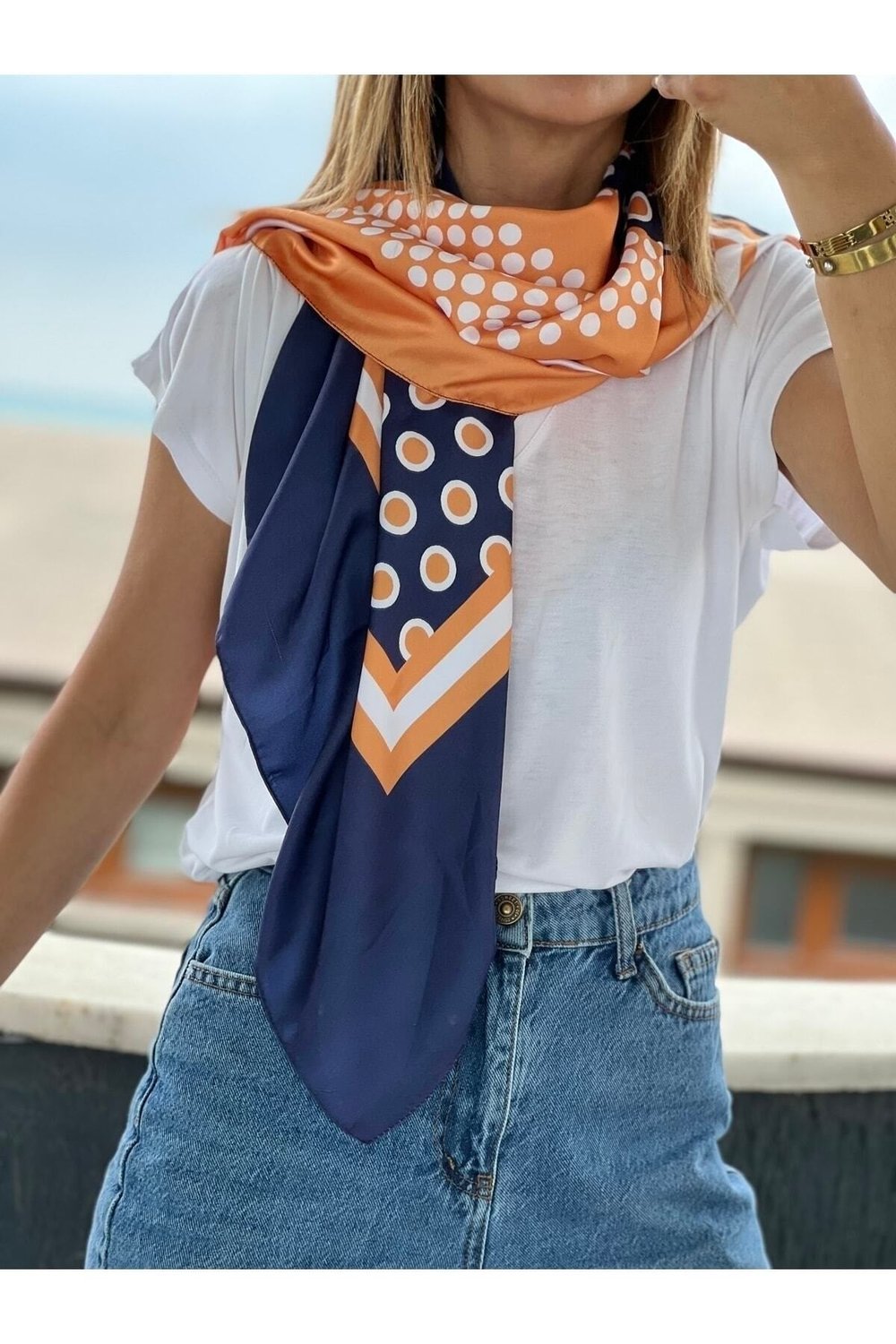 Turuncu Lacivert Benekli Çizgili Polka Eşarp Fular