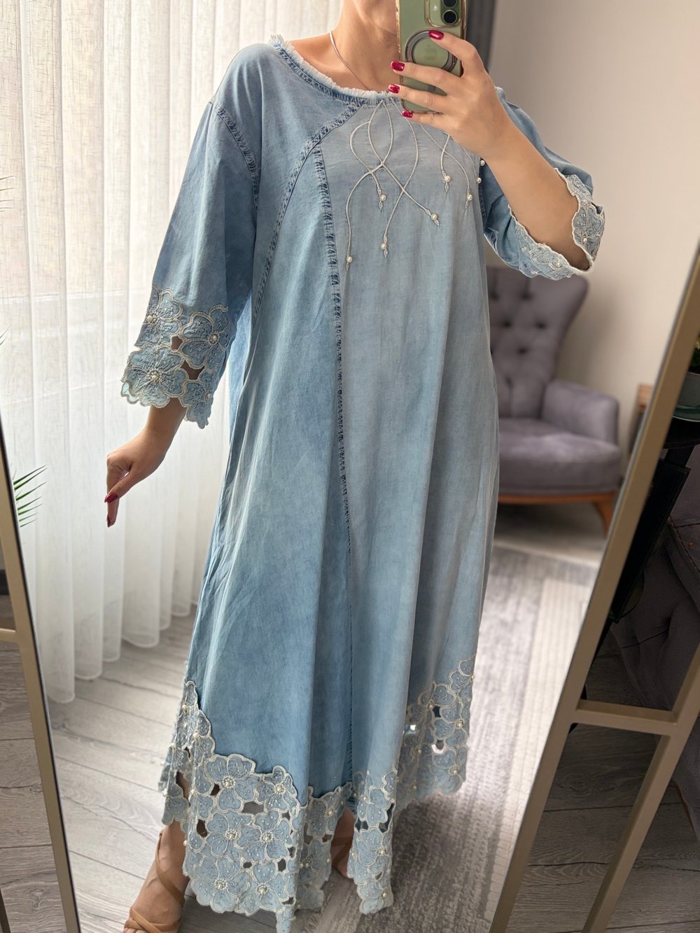 inci güpür detaylı denim elbise