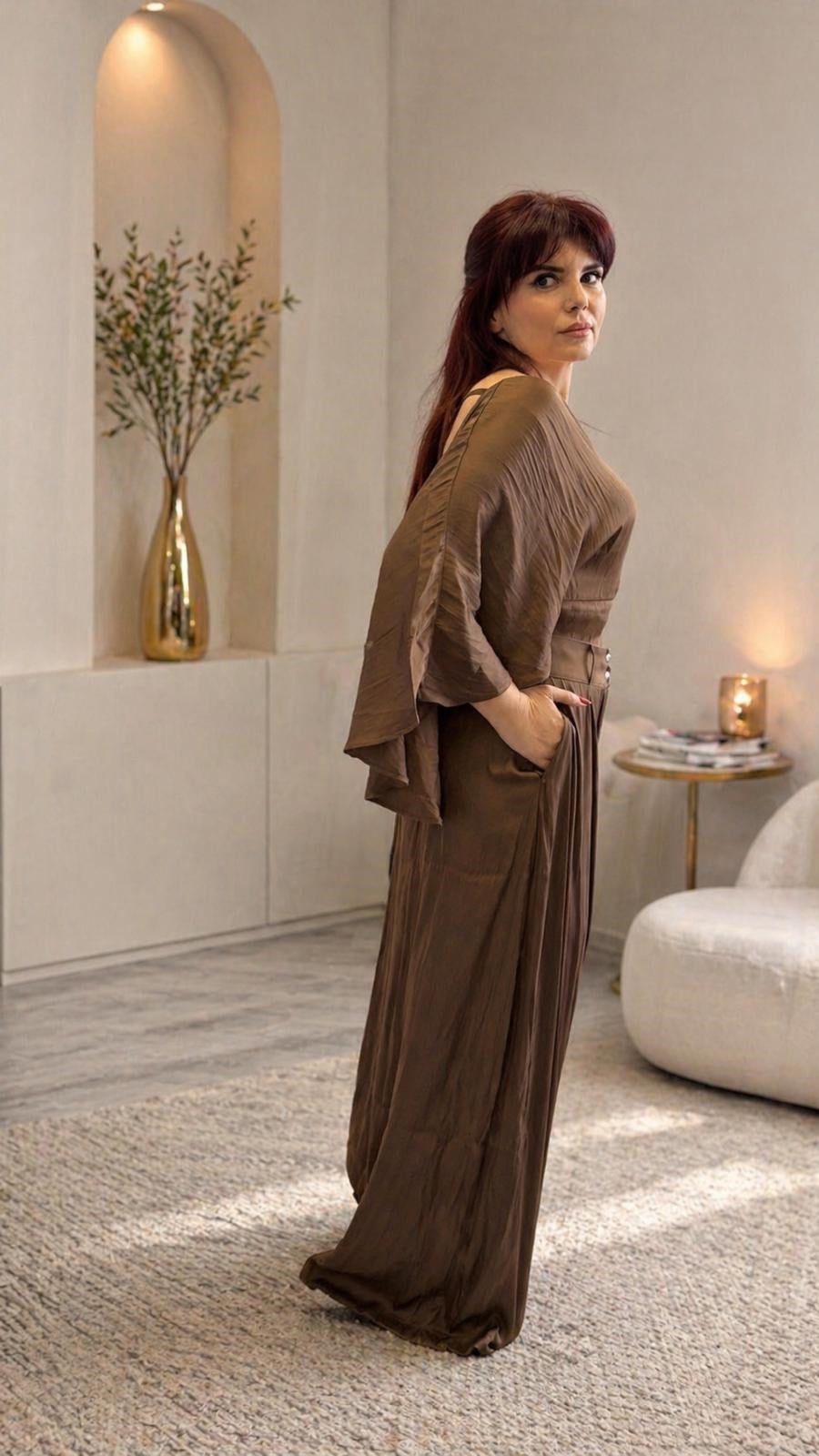 Saten Pelerin Detaylı Crop & Pantolon Takım - Kahverengi