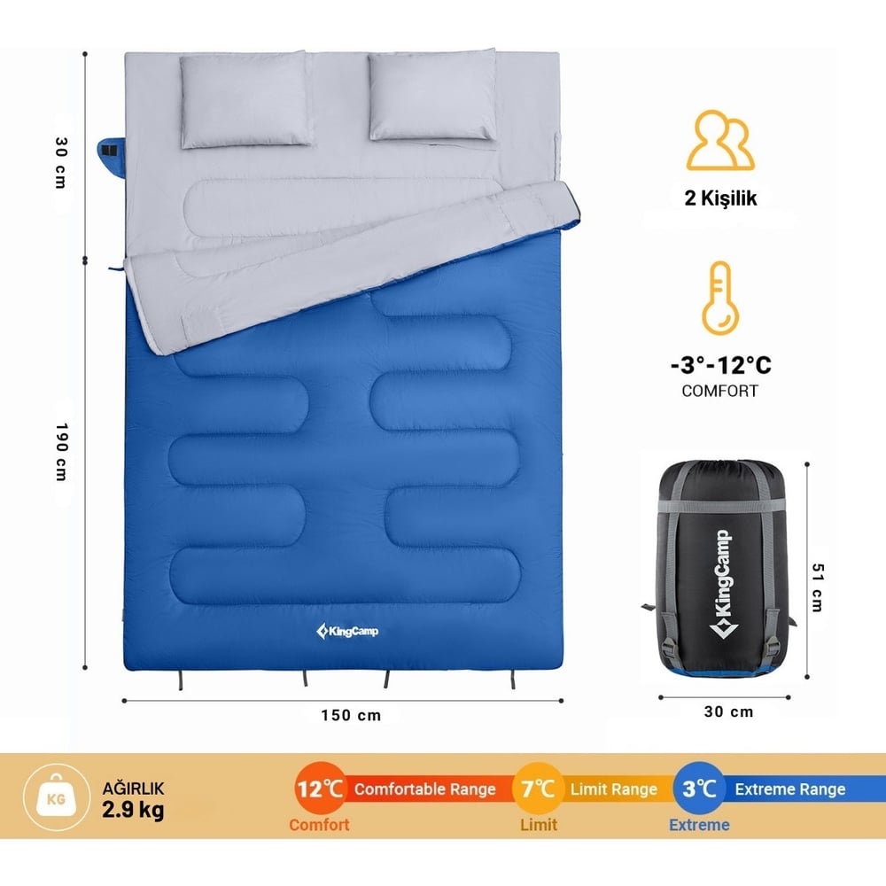 Kingcamp Oxygen 250-D Çift Kişilik Yastıklı Uyku Tulumu Blue