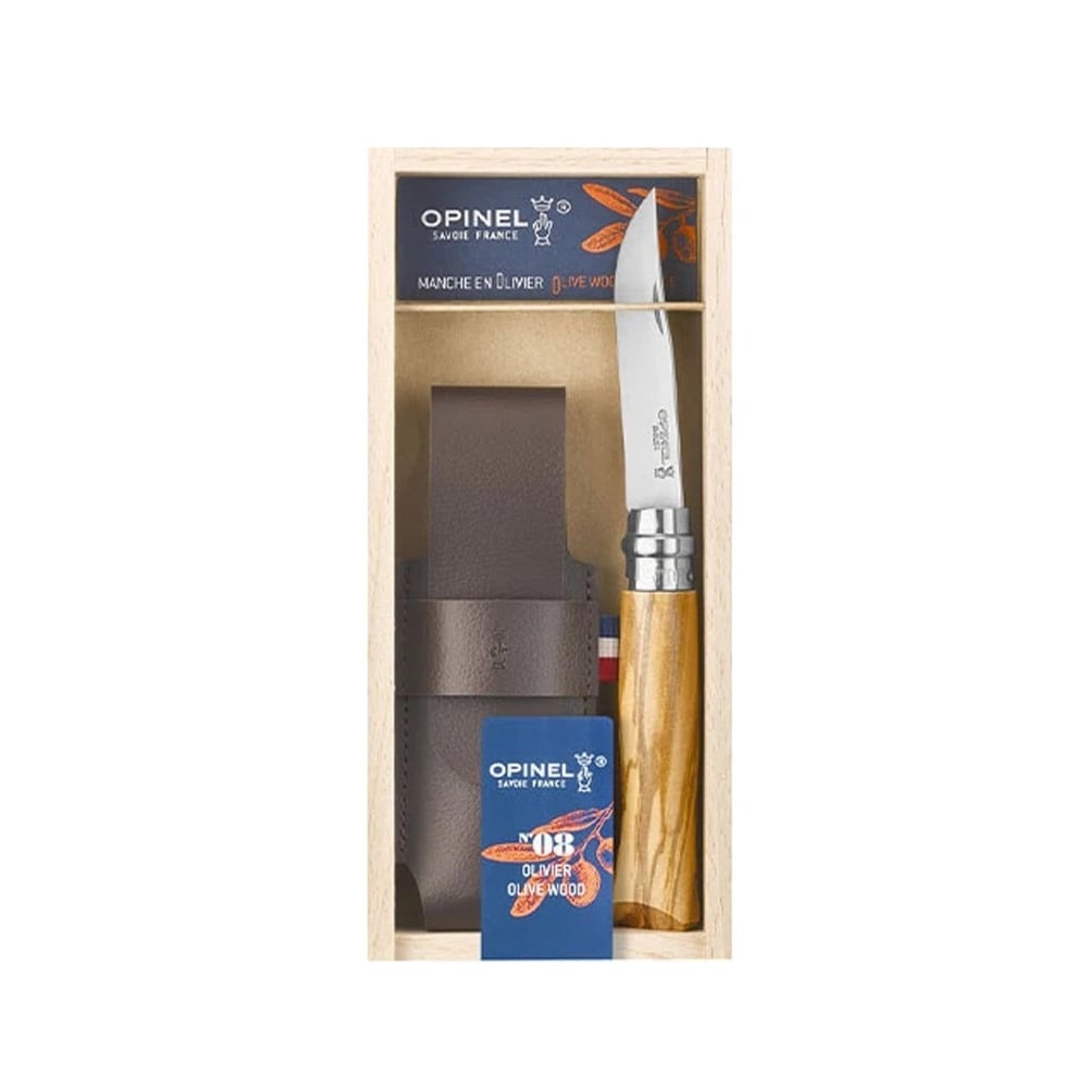 Opinel N°8 Zeytin Saplı Deri Kılıflı Çelik Çakı (Özel Kutulu)