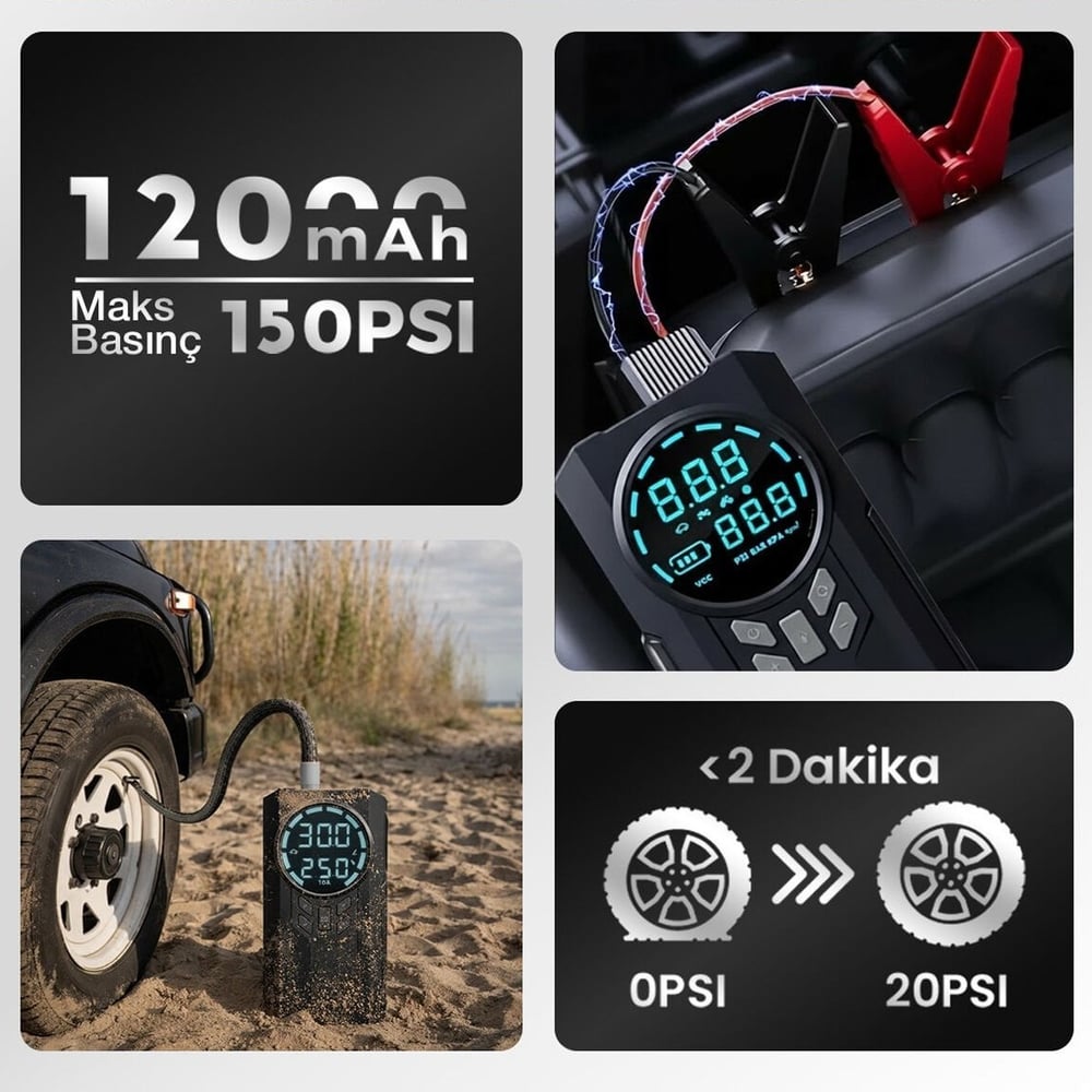 Yek Outdoor Akıllı Dijital Ekranlı Araç Lastik Şişirici ve Akü Takviye Cihazı – 150 PSI | 12.000 mAh