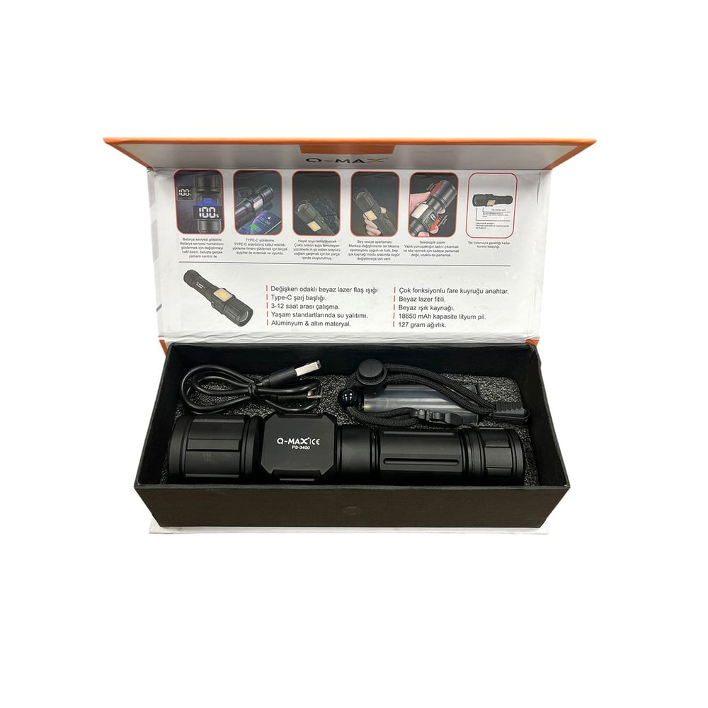 Yek Outdoor Q-Mmax 20W | 2500 Lümen | Zoomlu | 3 KM Menzilli Profesyonel Avcı El Feneri - Şarjlı